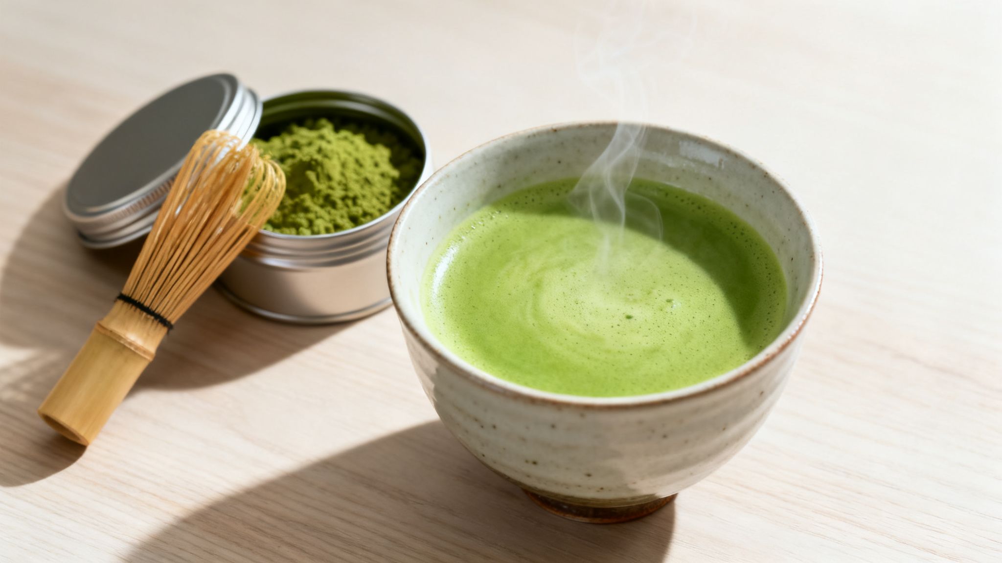 A steaming bowl of vibrant green matcha tea next to a tin of powder and a bamboo whisk.