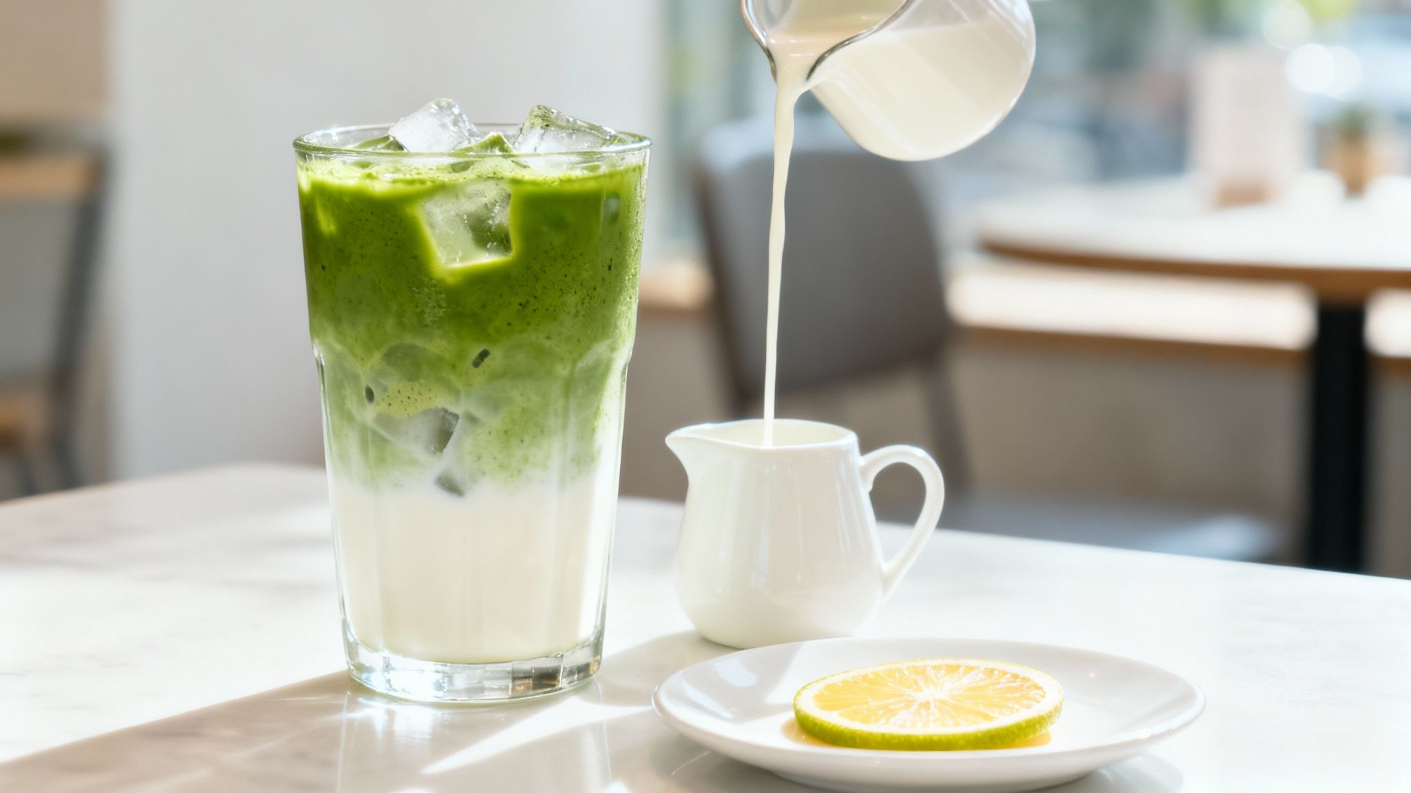 Iced matcha latte in a tall glass, with milk being poured, and a lemon slice on a table.