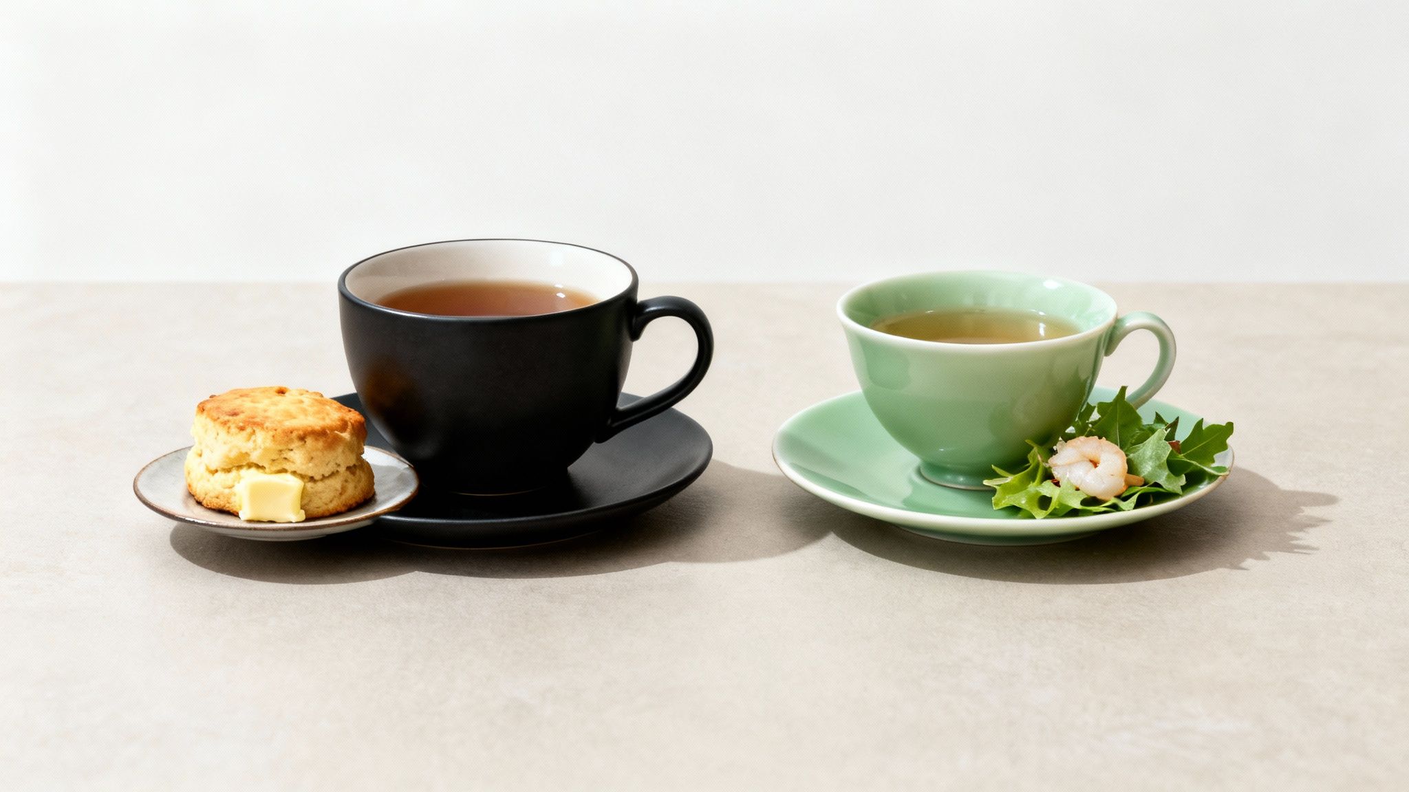 Two cups of tea, one black with a scone and butter, and one green with a shrimp and greens.