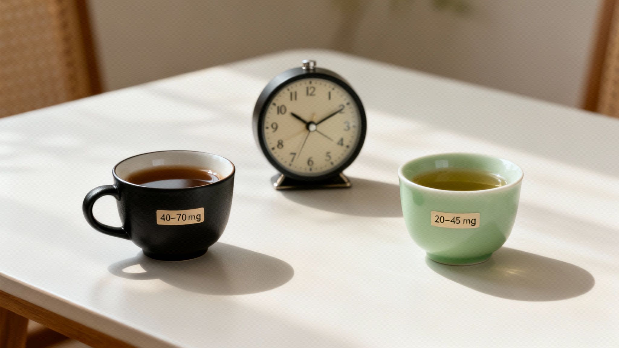 A hand holding a clear glass teacup filled with light-coloured tea, with steam rising from it.