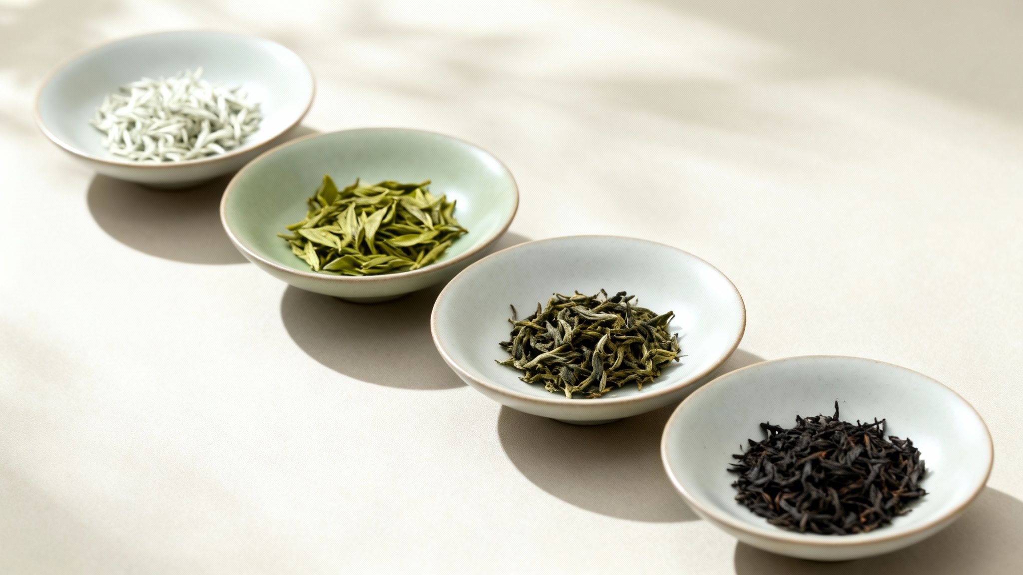 Close-up of dried white tea leaves next to green, oolong, and black tea leaves, showcasing the colour differences.