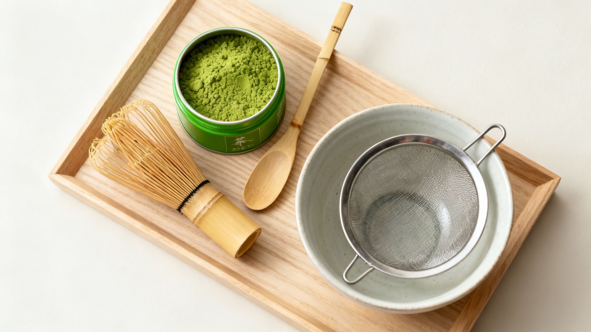 Matcha tea preparation set with green tea powder, whisk, spoon, bowl, and sifter on a wooden tray.