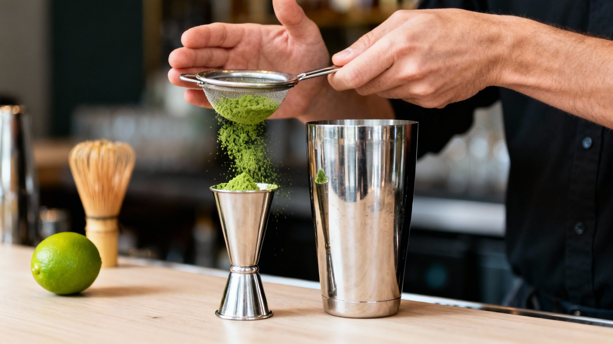 Hands sieve vibrant green matcha powder into a jigger for a refreshing cocktail preparation.