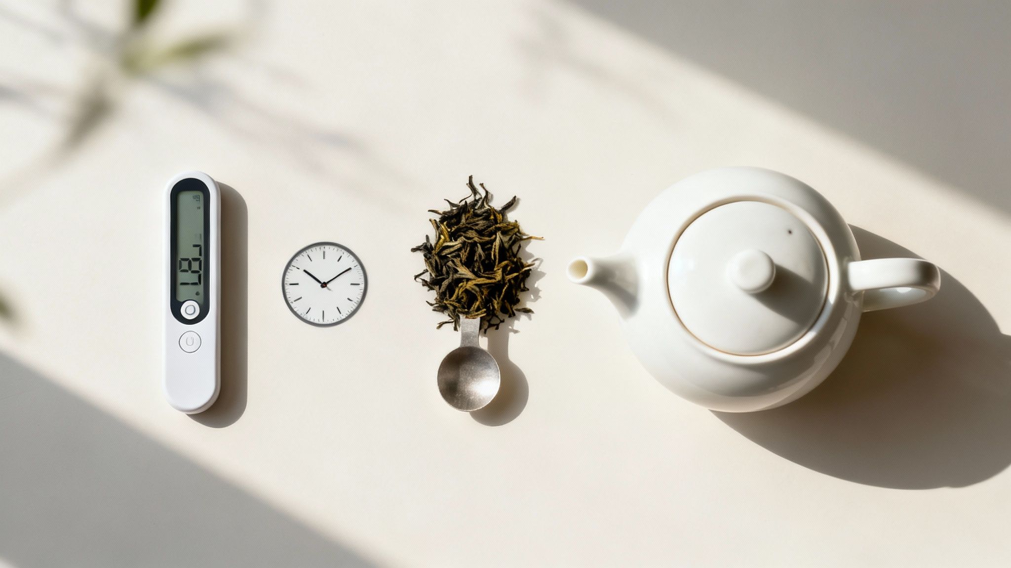 A person brewing loose leaf tea in a glass teapot.