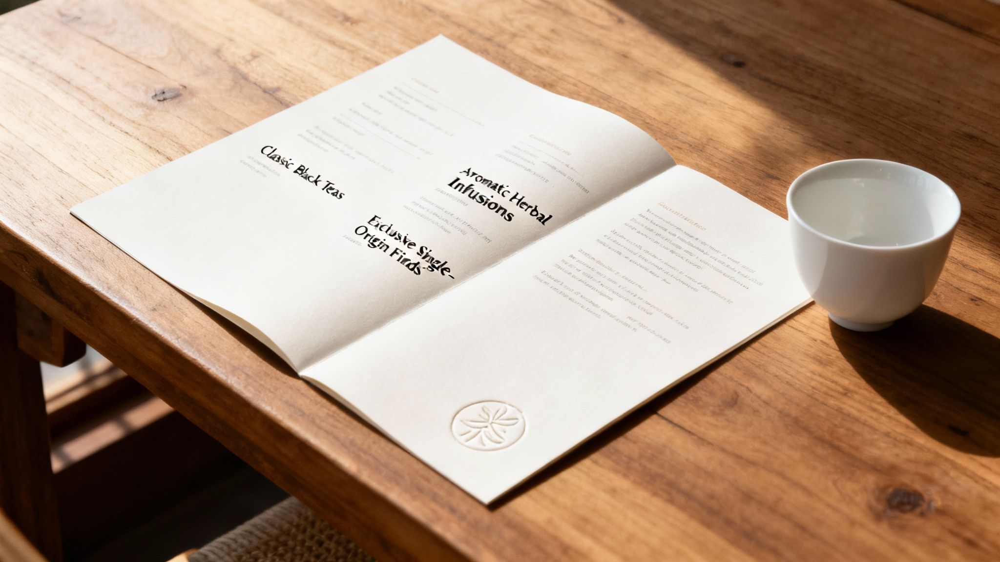 An open tea menu showcasing classic black teas and aromatic herbal infusions on a wooden table with a white teacup.