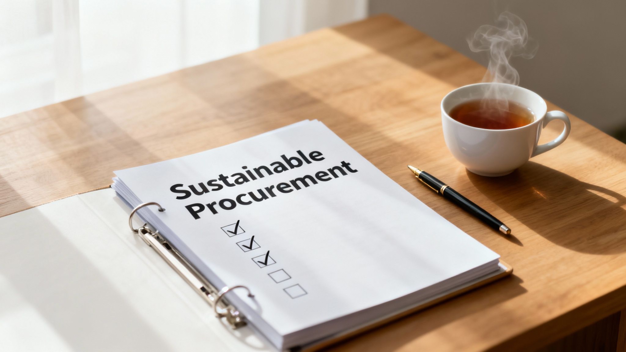 A document titled 'Sustainable Procurement' with three checked boxes, a pen, and a steaming cup of tea on a wooden desk.