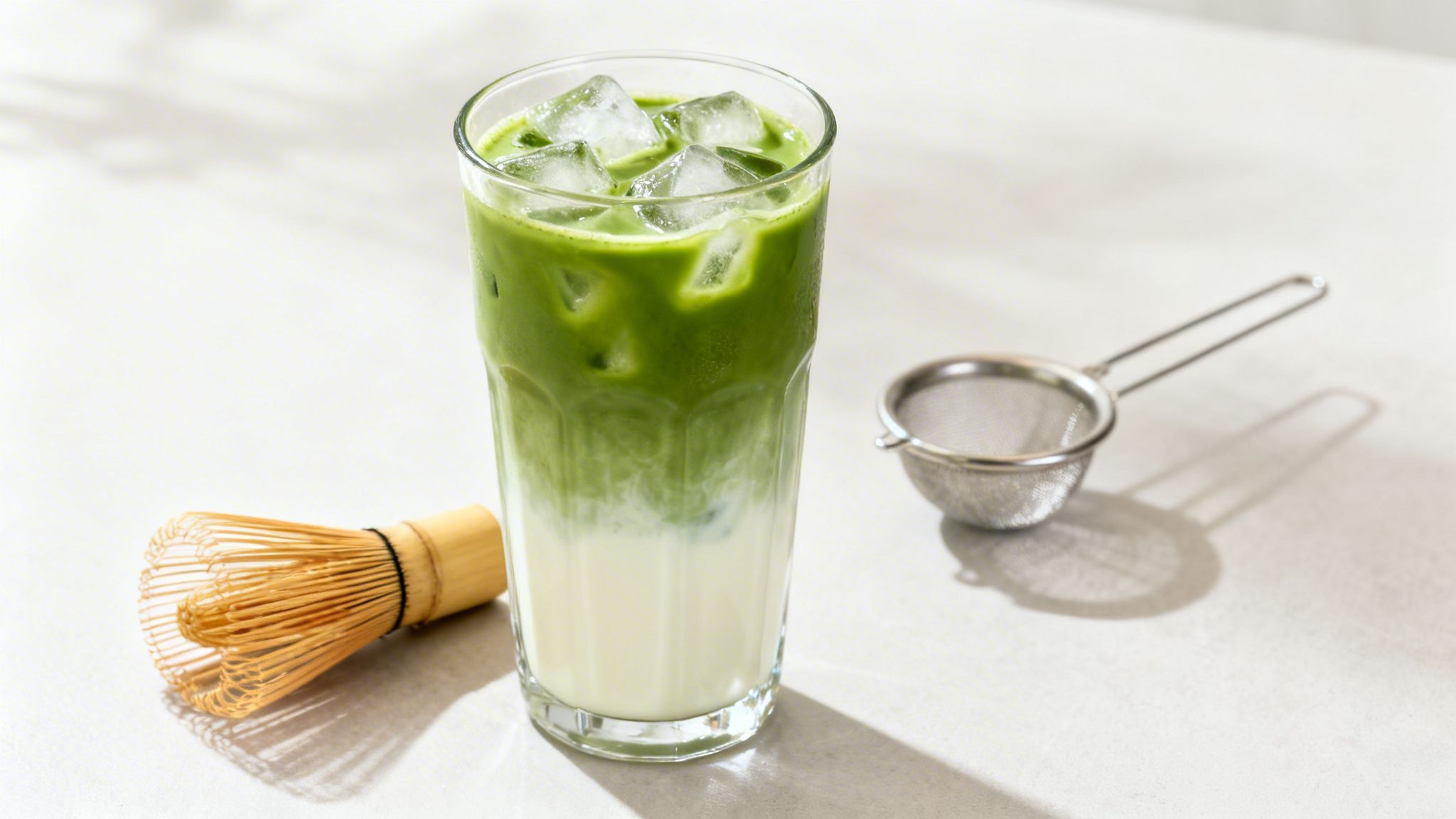 Iced matcha latte in a tall glass with ice, bamboo whisk, and a small sieve.