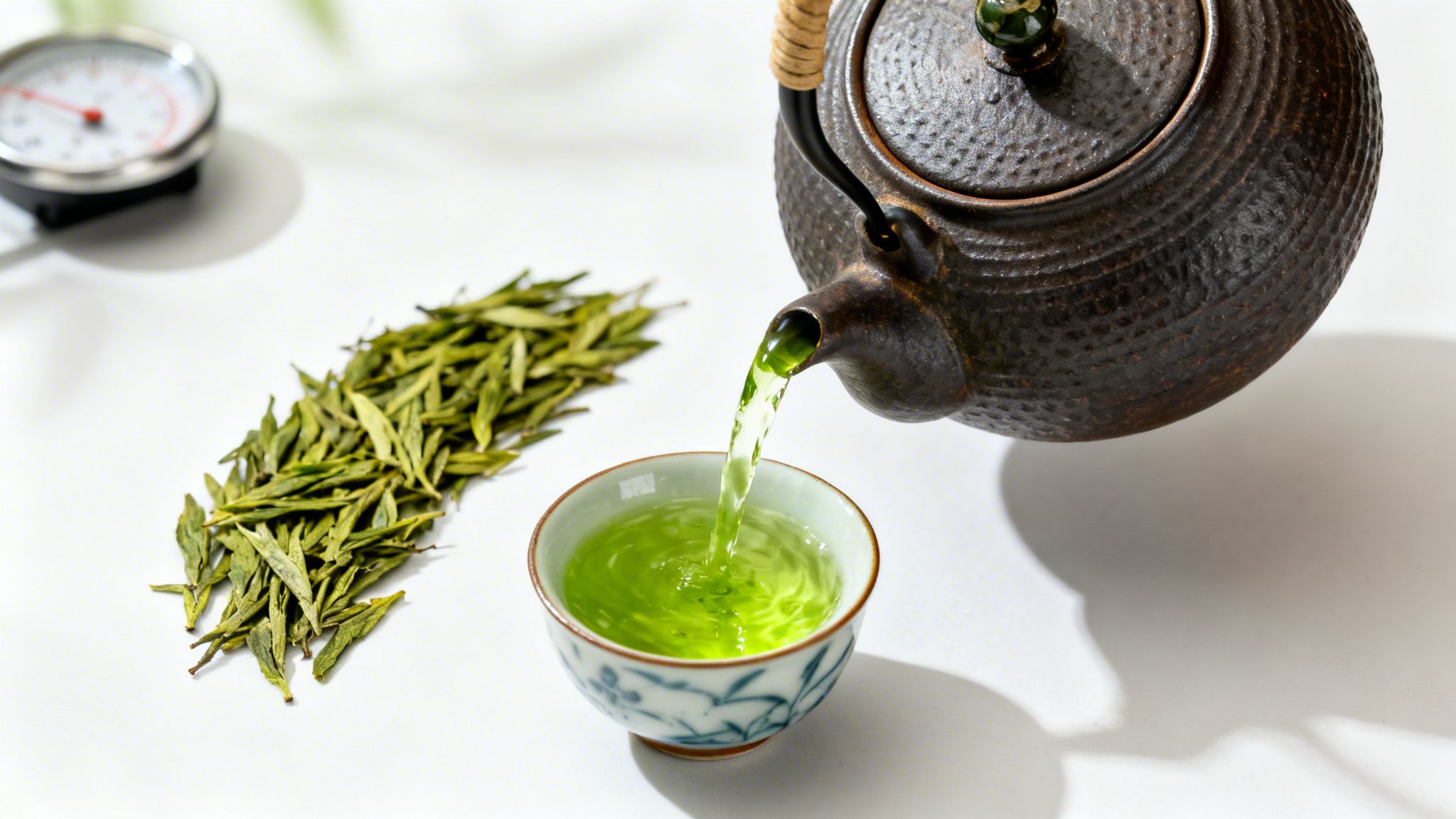 Traditional teapot pouring bright green tea into a cup, alongside loose tea leaves.