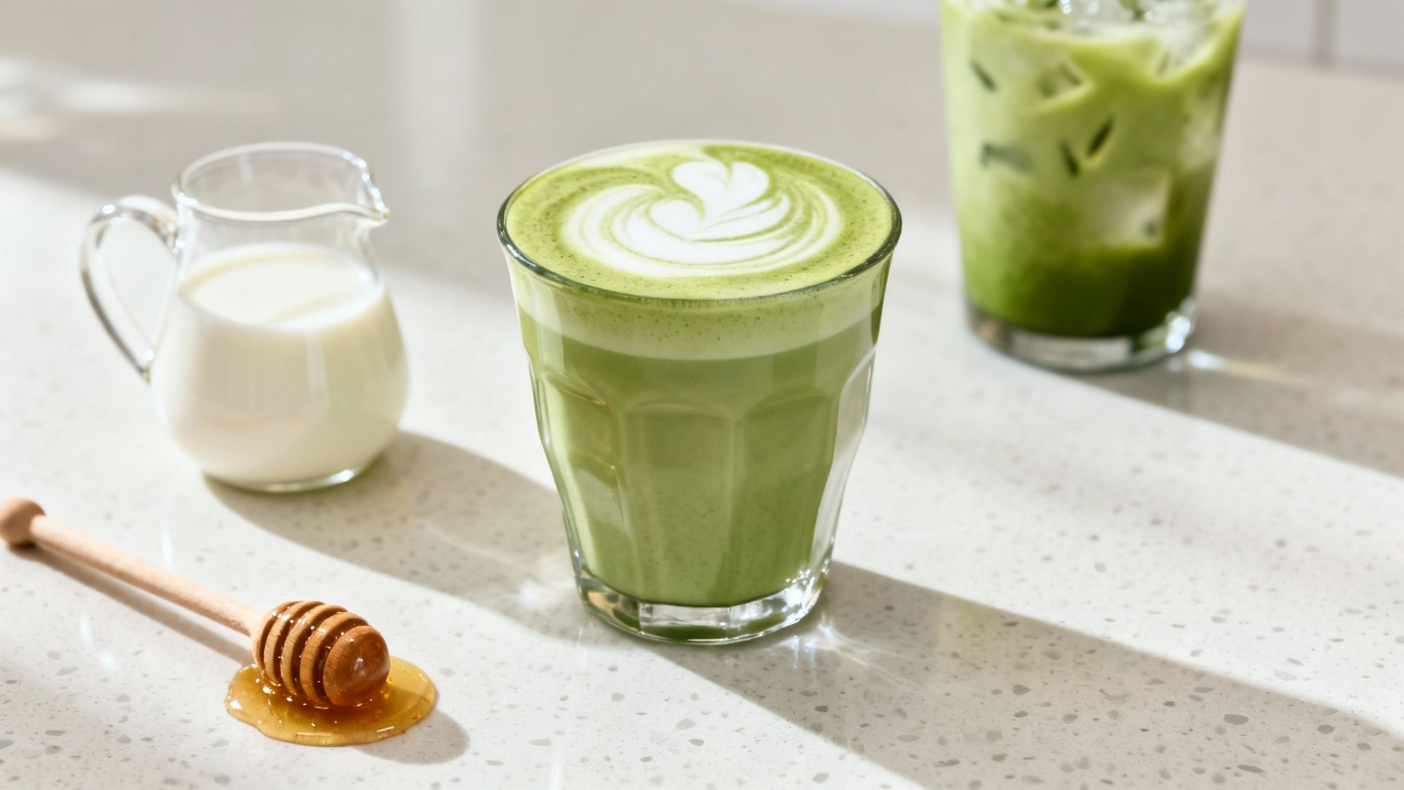 Warm matcha latte with heart latte art, an iced matcha drink, milk, and honey on a counter.