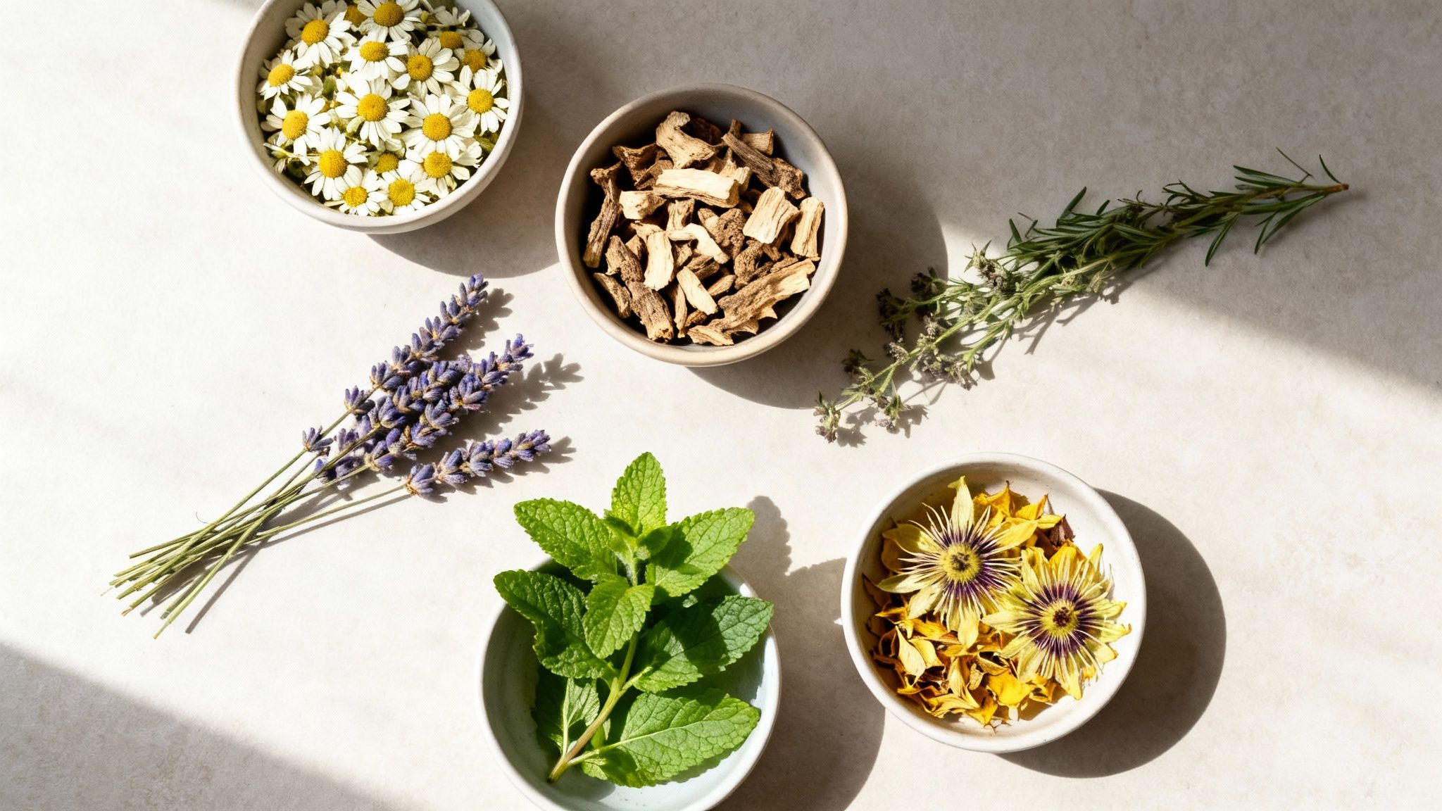 A flat lay of various dried and fresh herbs and flowers for herbal tea preparation.