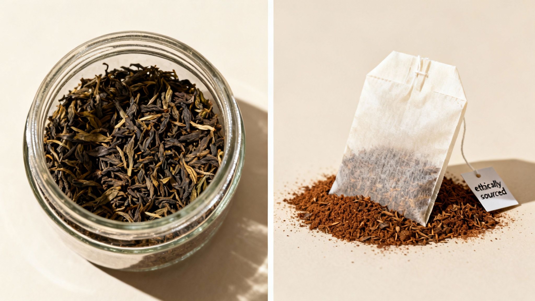 Loose leaf tea in a glass jar next to a tea bag with an 'ethically sourced' tag.