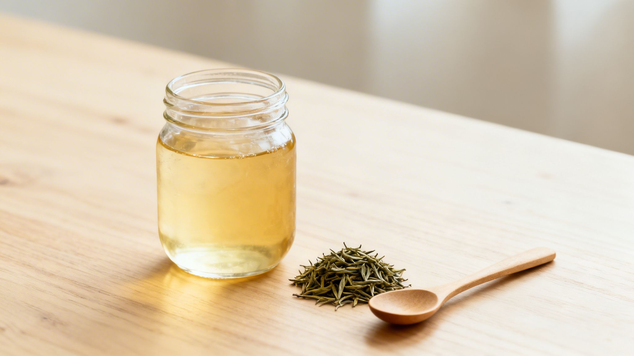 A glass jar of light yellow liquid, dried green tea leaves, and a wooden spoon on a wooden table.