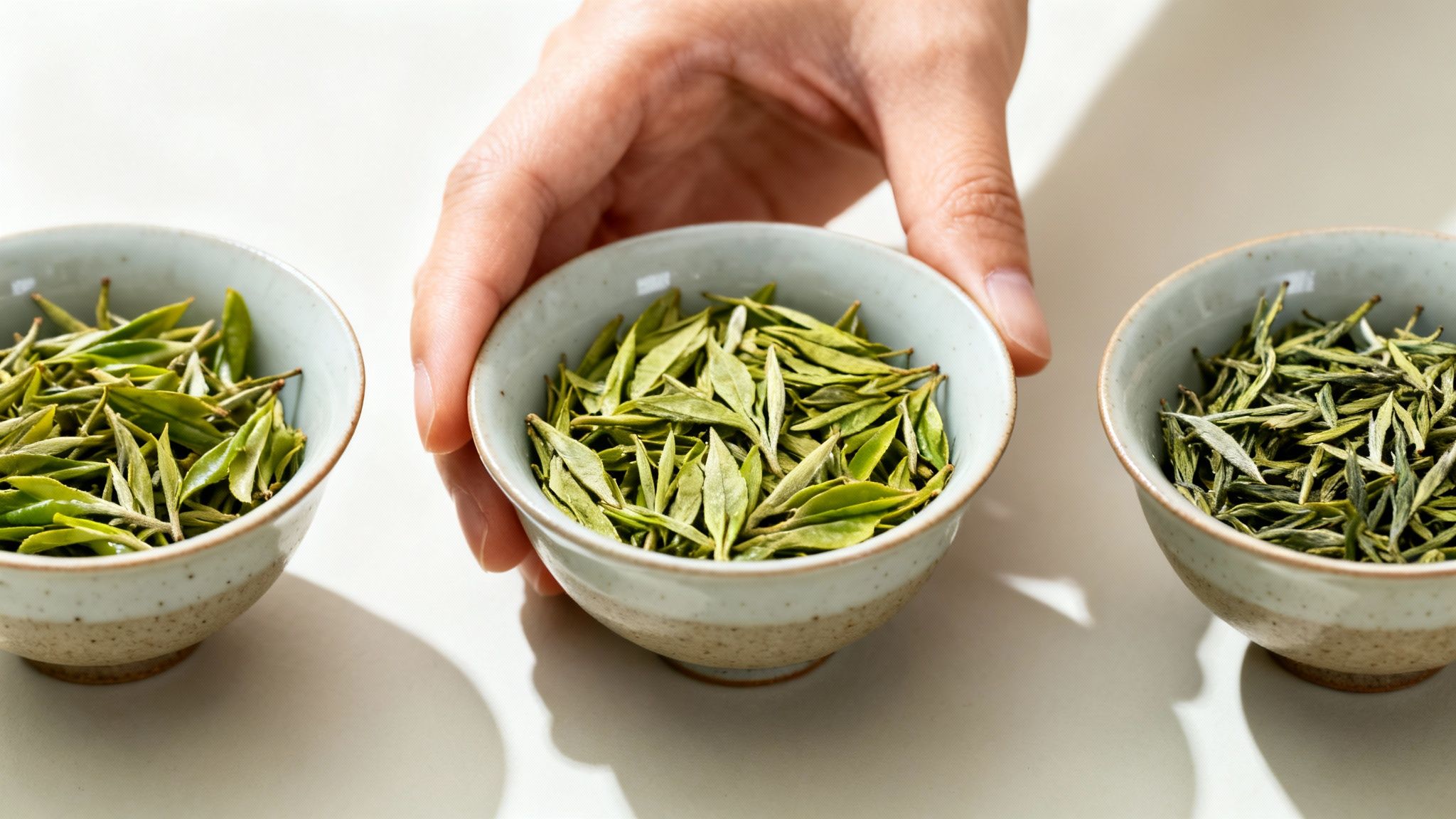 Close-up of a hand holding a small bowl filled with dried green tea leaves, flanked by two similar bowls.