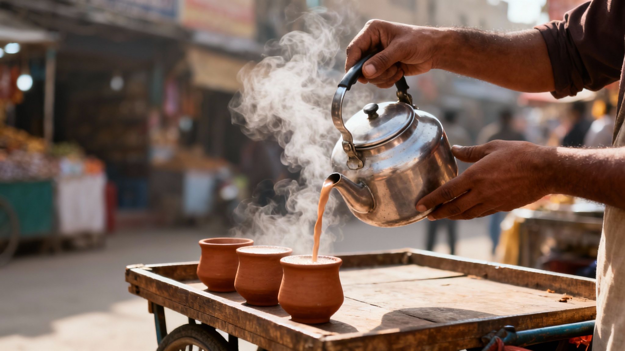 Hands pour steaming chai tea from a metal kettle into terracotta cups on a wooden street cart.