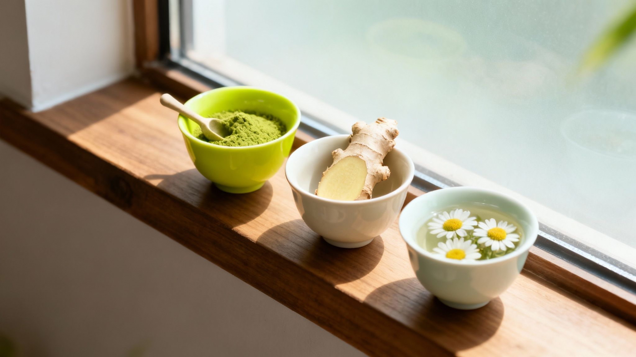 Three bowls on a sunny windowsill: matcha powder, ginger root, and chamomile tea.