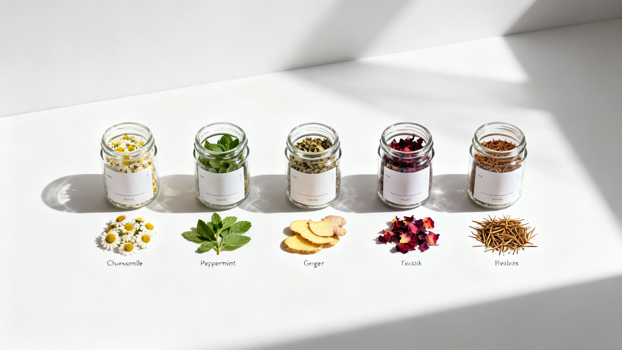 An assortment of vibrant herbal teas in cups and bowls