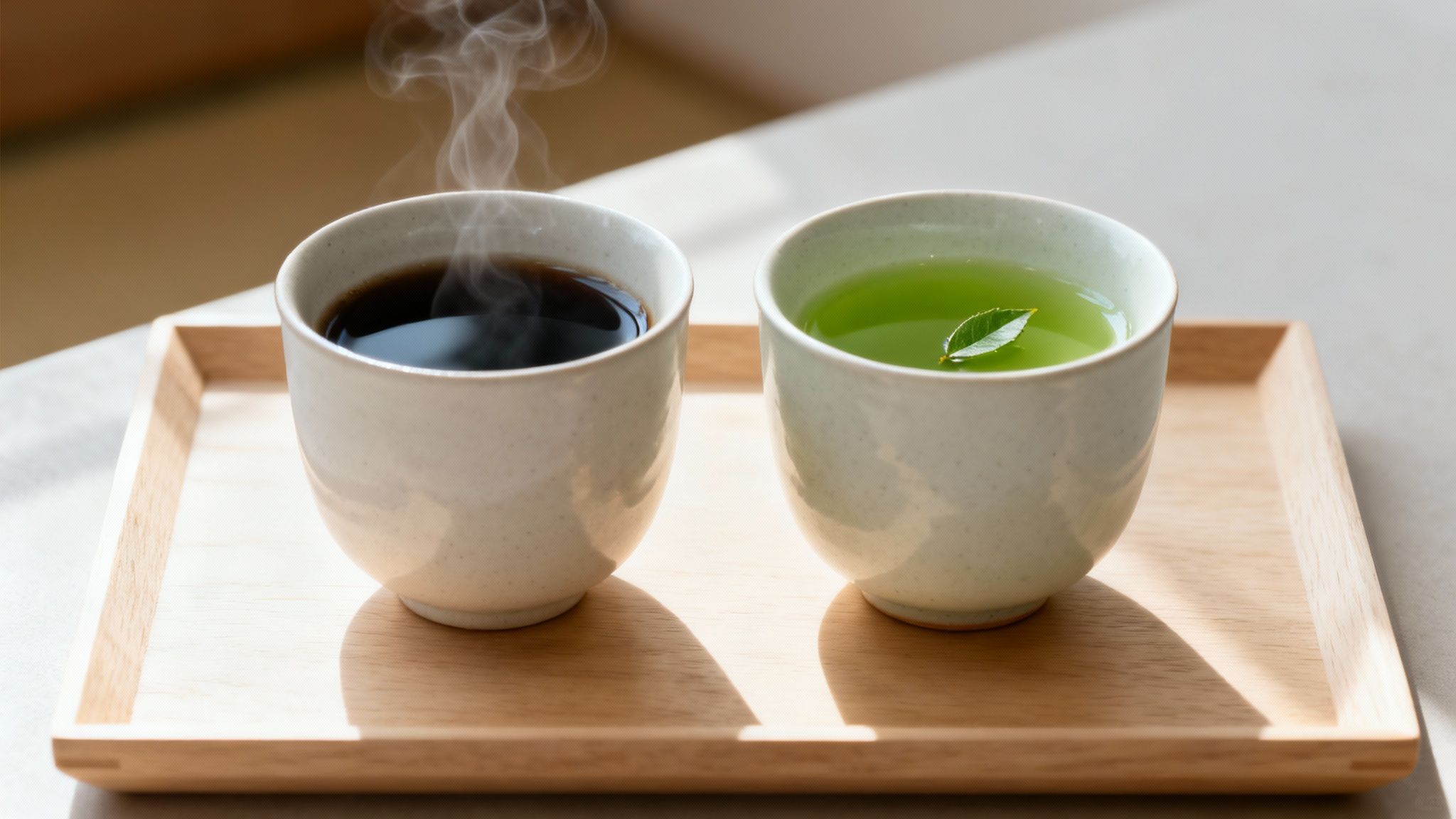 A vibrant split image showing dark, oxidised black tea leaves on one side and fresh, bright green tea leaves on the other.