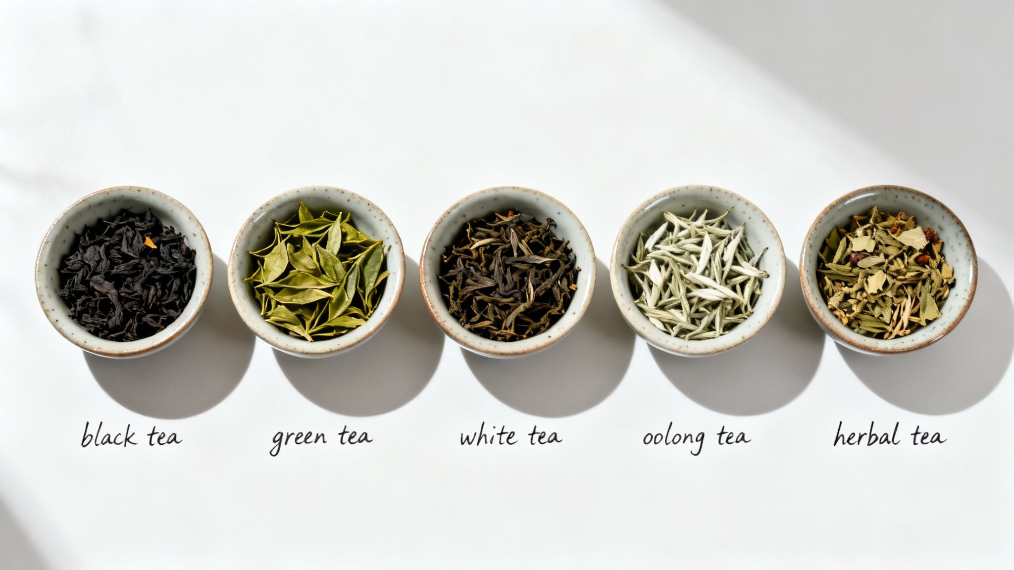A vibrant spread of different organic loose tea leaves arranged neatly in small bowls, showing a variety of colours and textures.