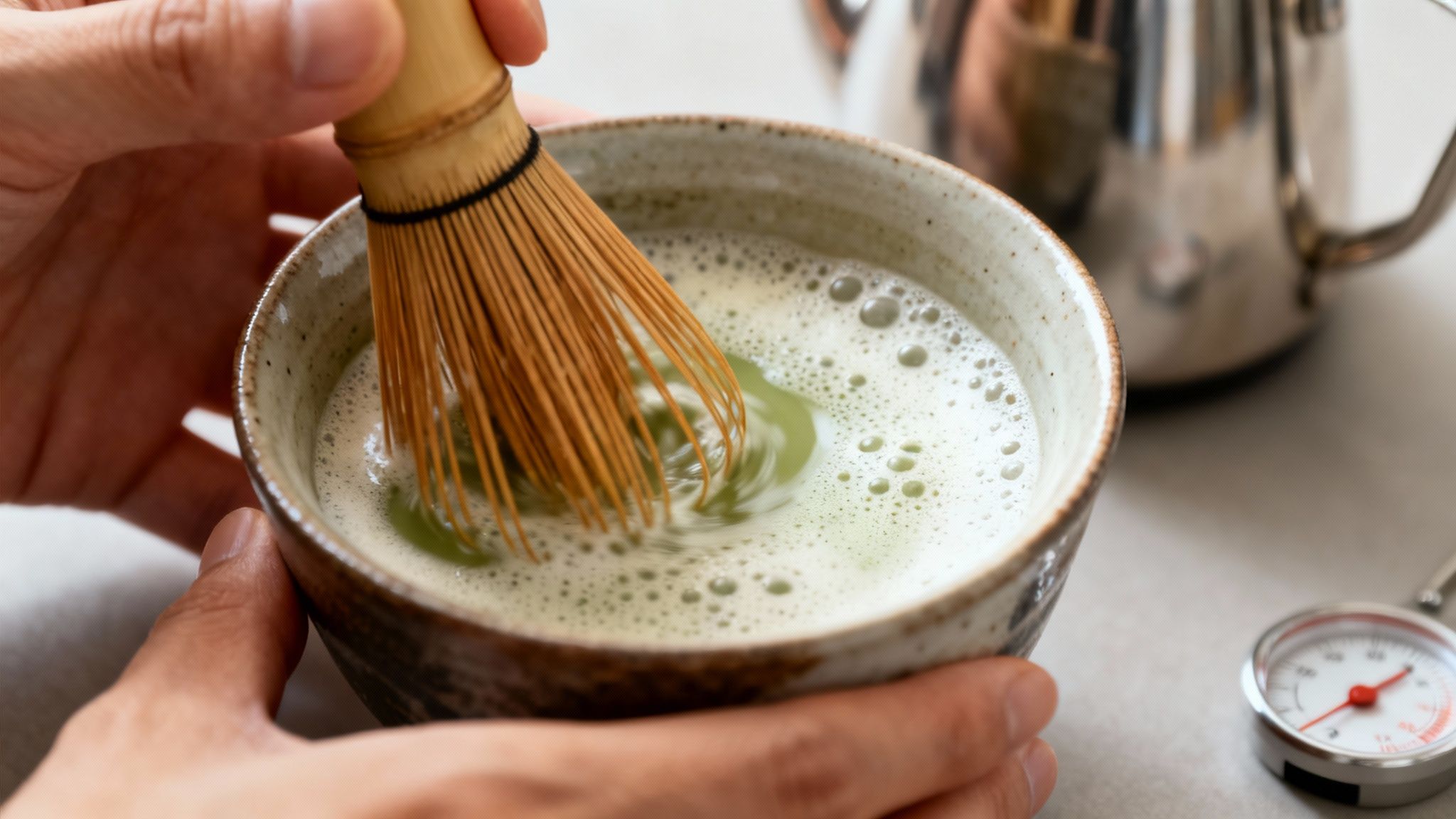 Close-up of hands whisking vibrant green matcha tea in a ceramic bowl with a bamboo whisk.