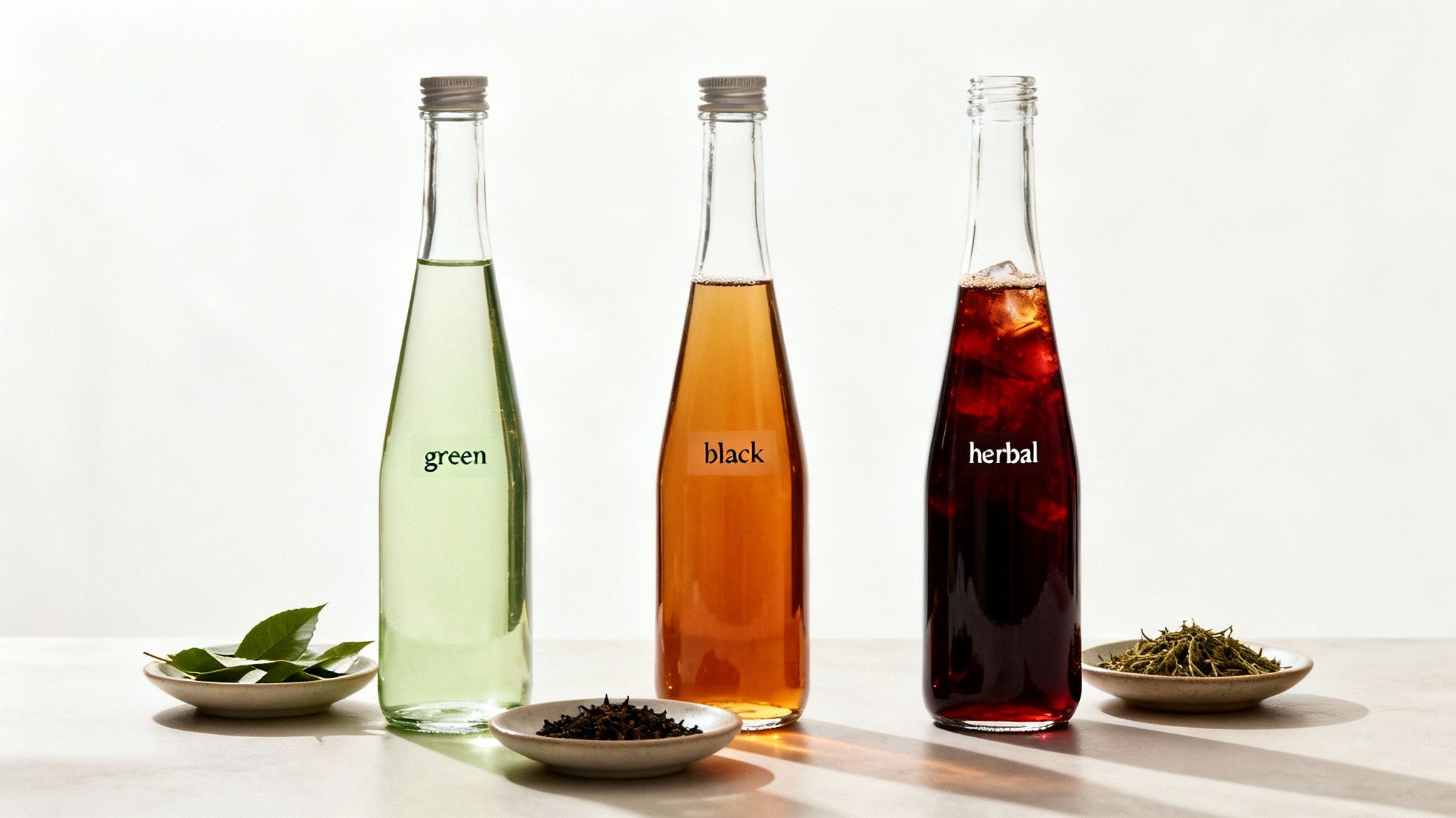 Three clear bottles of cold brew green, black, and herbal teas, with their fresh and dried ingredients.