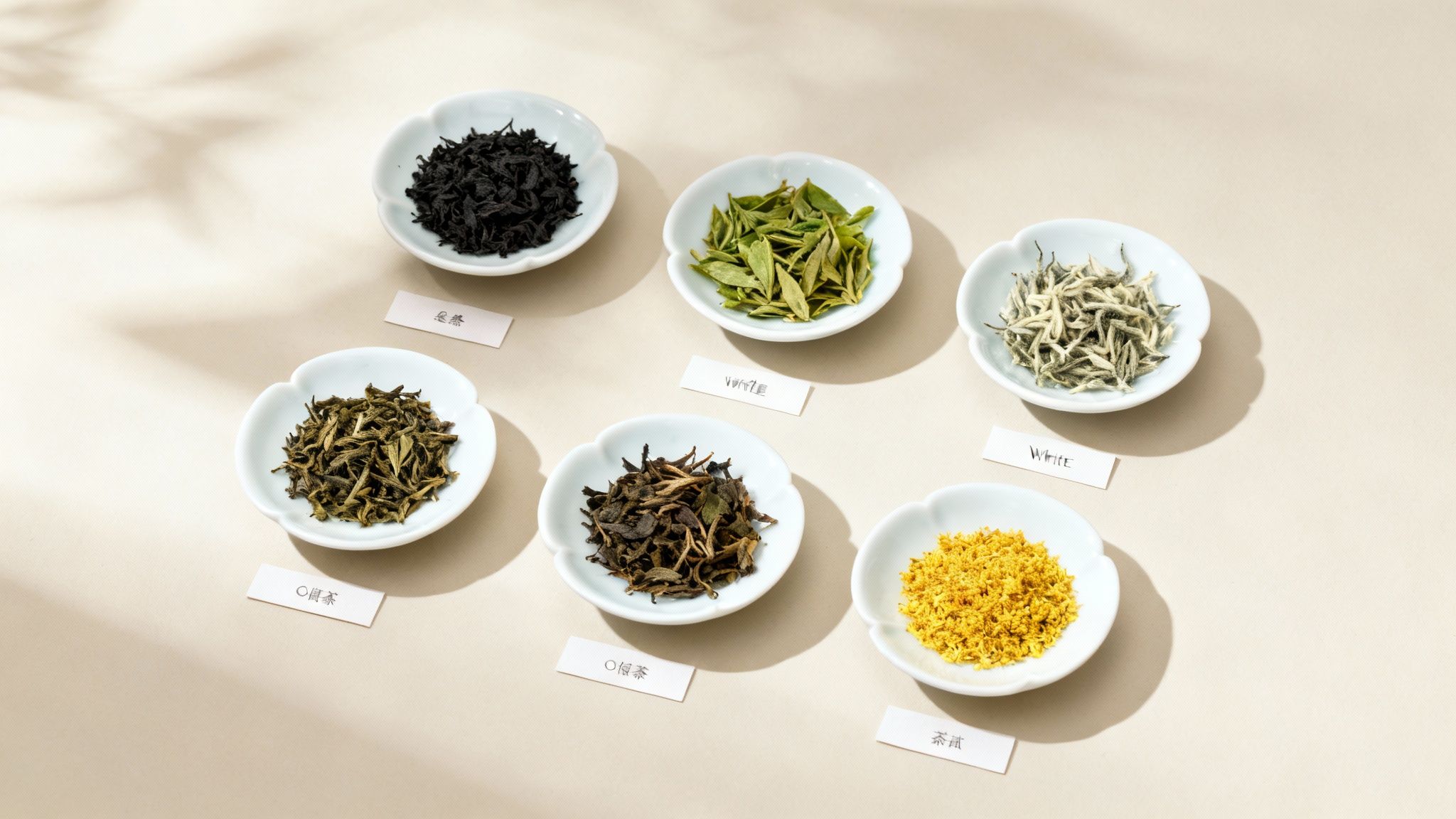 A colourful assortment of the main types of loose leaf tea in small bowls, showing different shapes and colours.