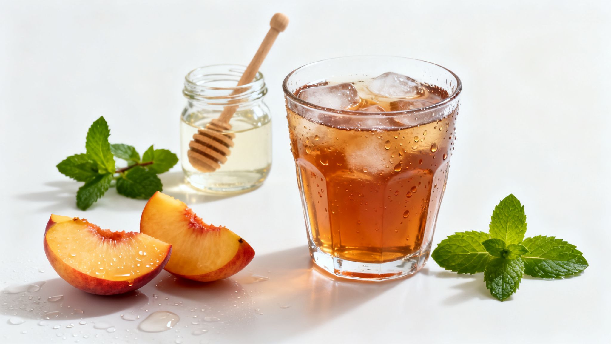 A refreshing glass of iced tea with peach slices, honey, and fresh mint on a white background.