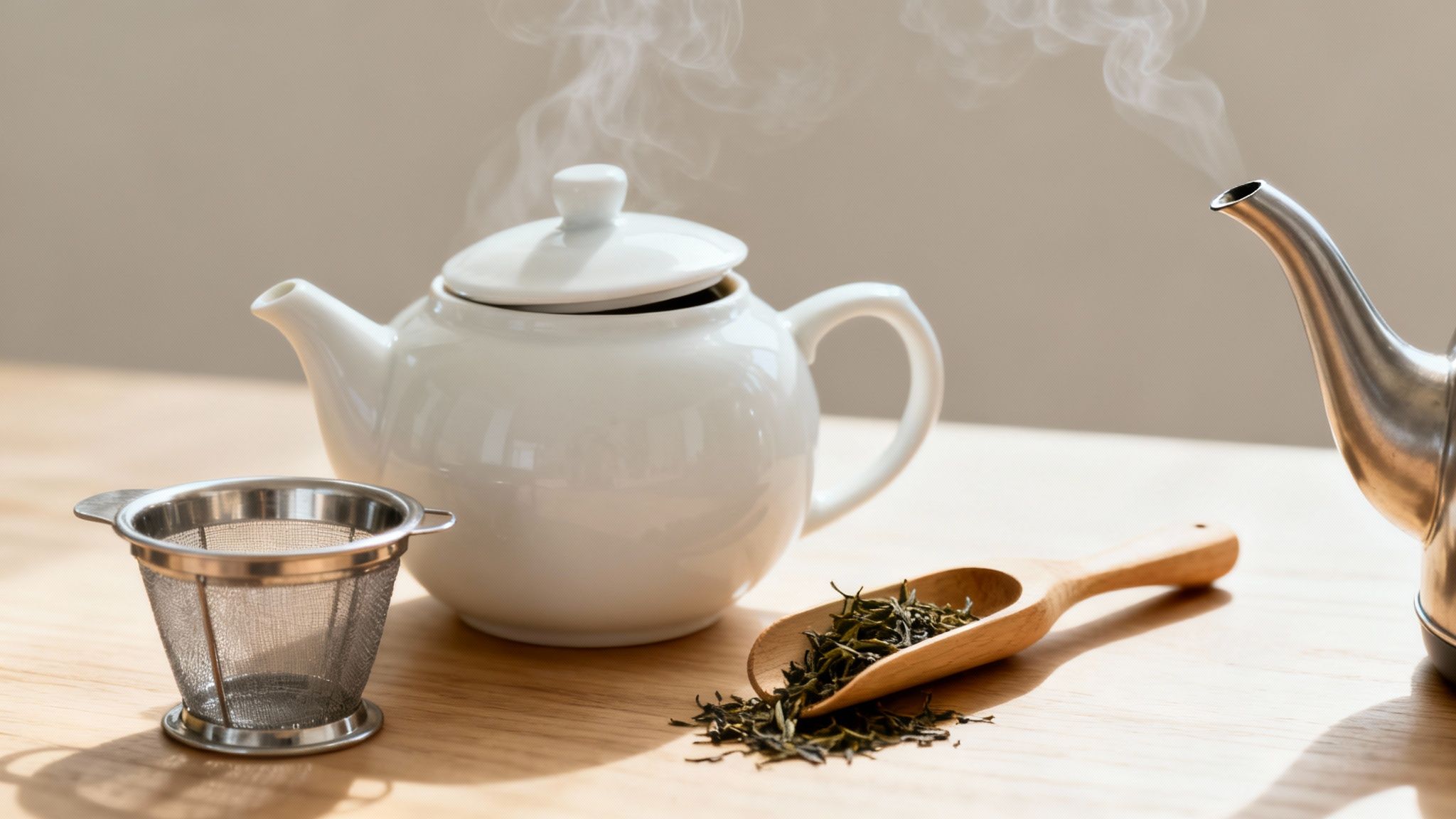A white teapot, steaming silver kettle, tea infuser, and loose leaf tea on a wooden table, ready for brewing.