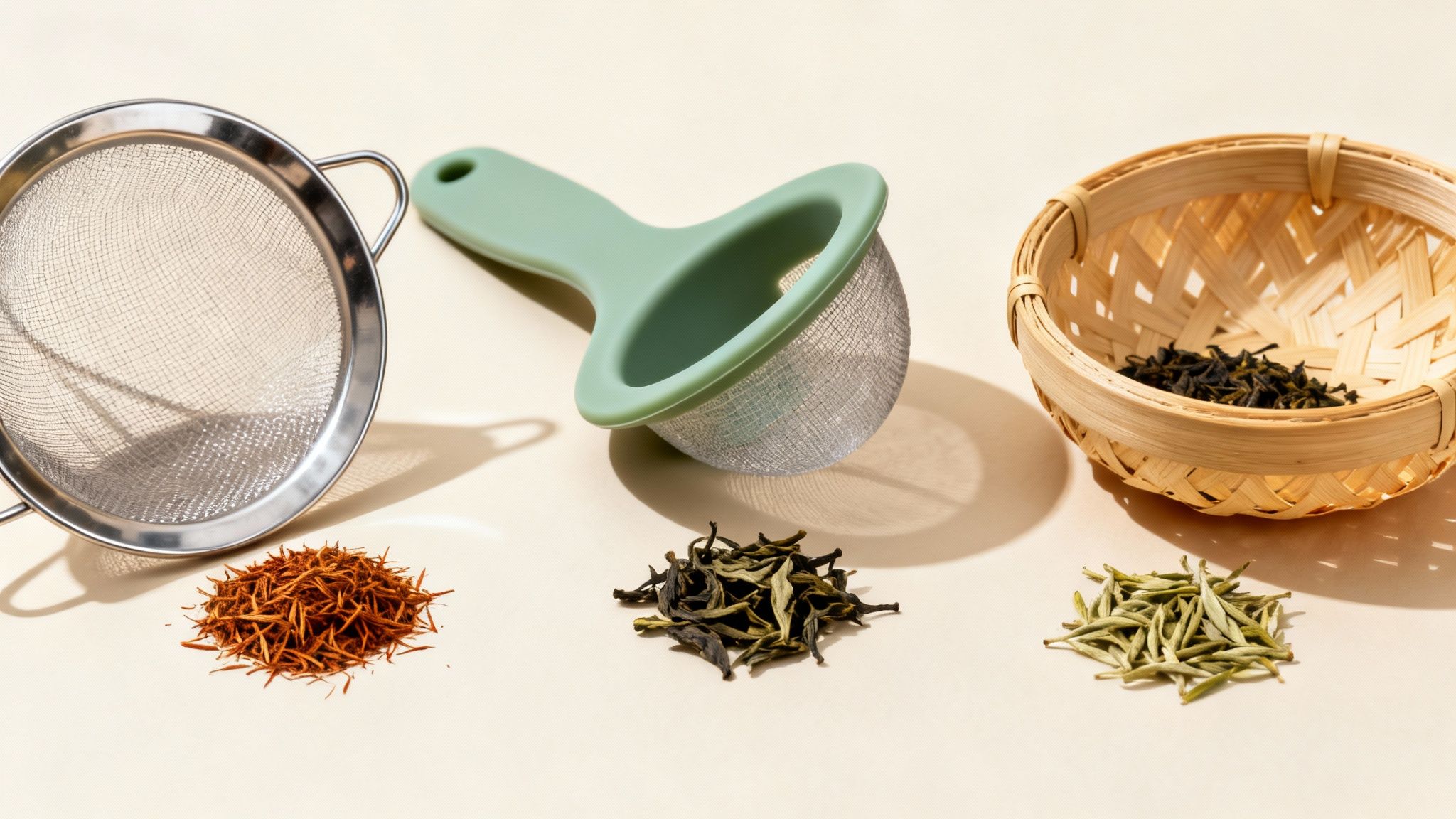 Three piles of loose leaf tea varieties, two strainers, and a bamboo basket on a light surface.