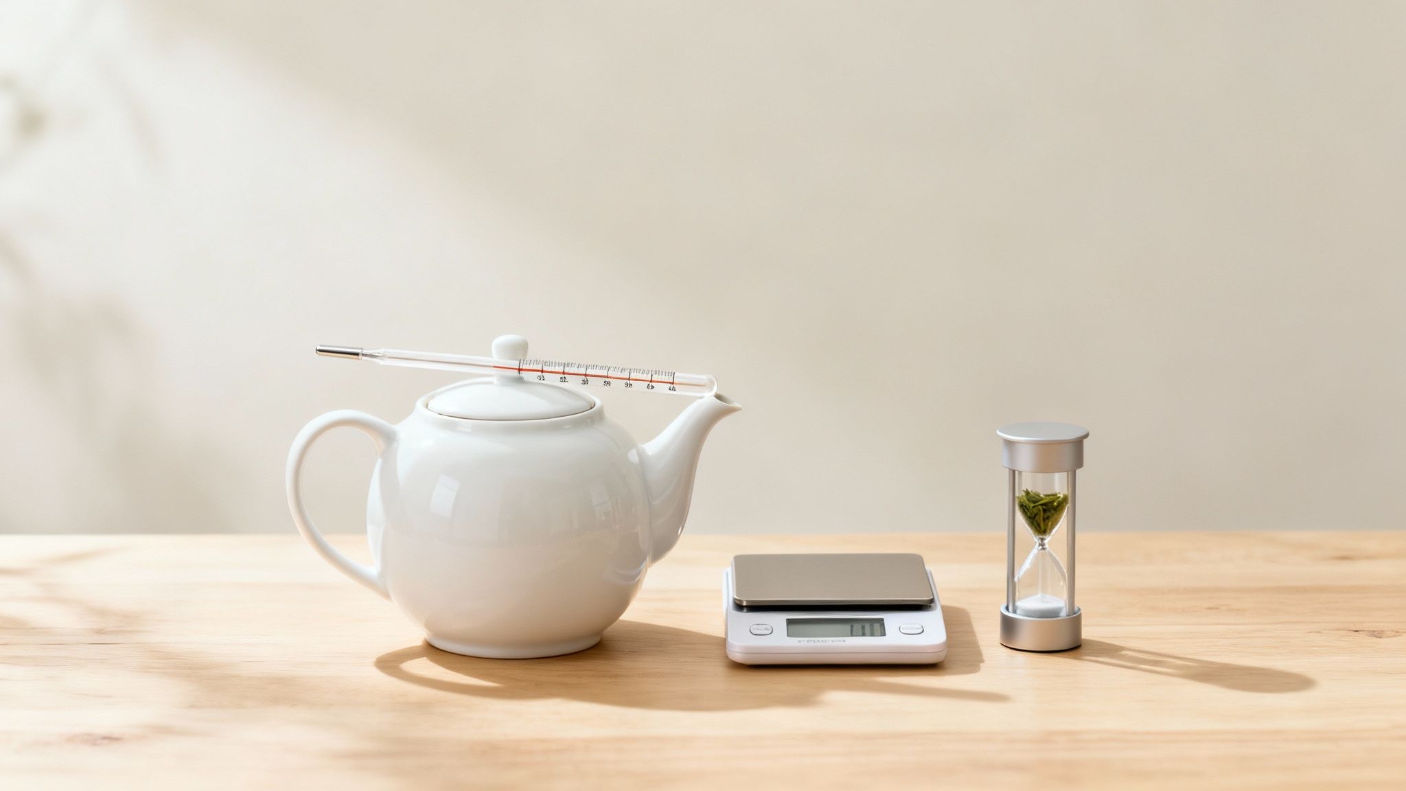 A white teapot with a thermometer, a digital scale, and an hourglass with green tea on a wooden table.