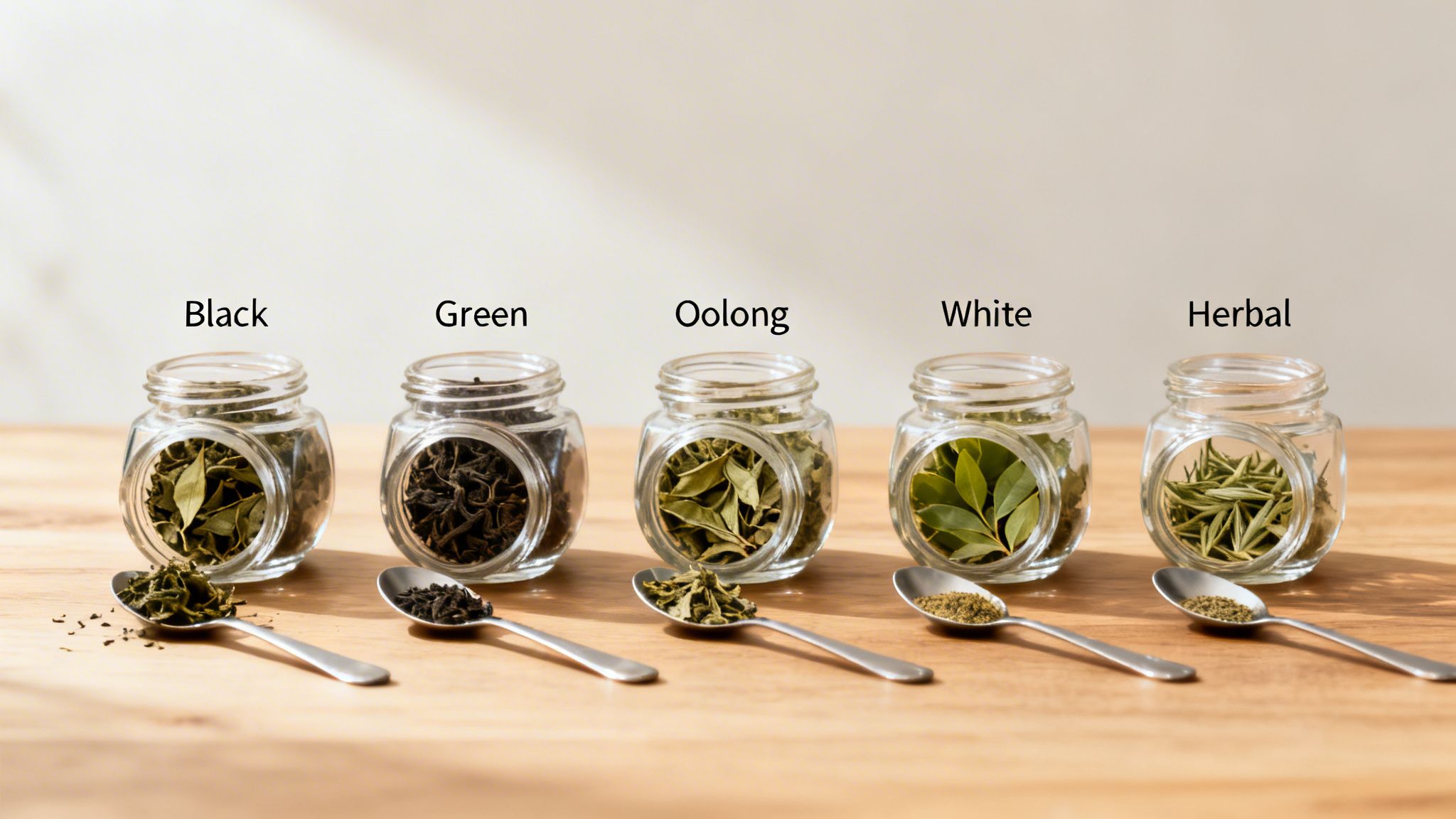 Five glass jars of various loose teas: black, green, oolong, white, and herbal, with spoons.