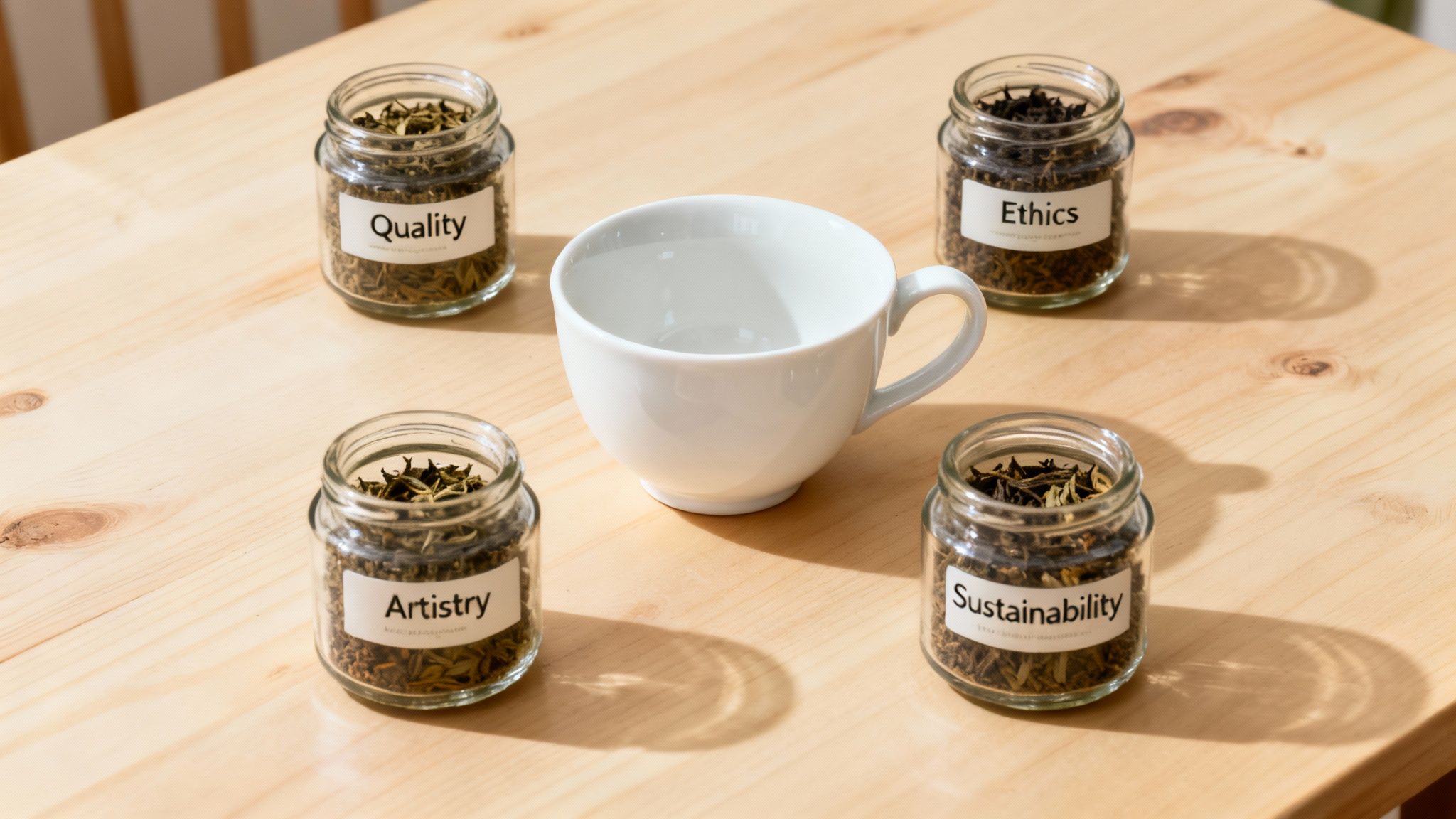A person pouring a cup of freshly brewed tea into a delicate teacup, surrounded by tea leaves and brewing accessories.