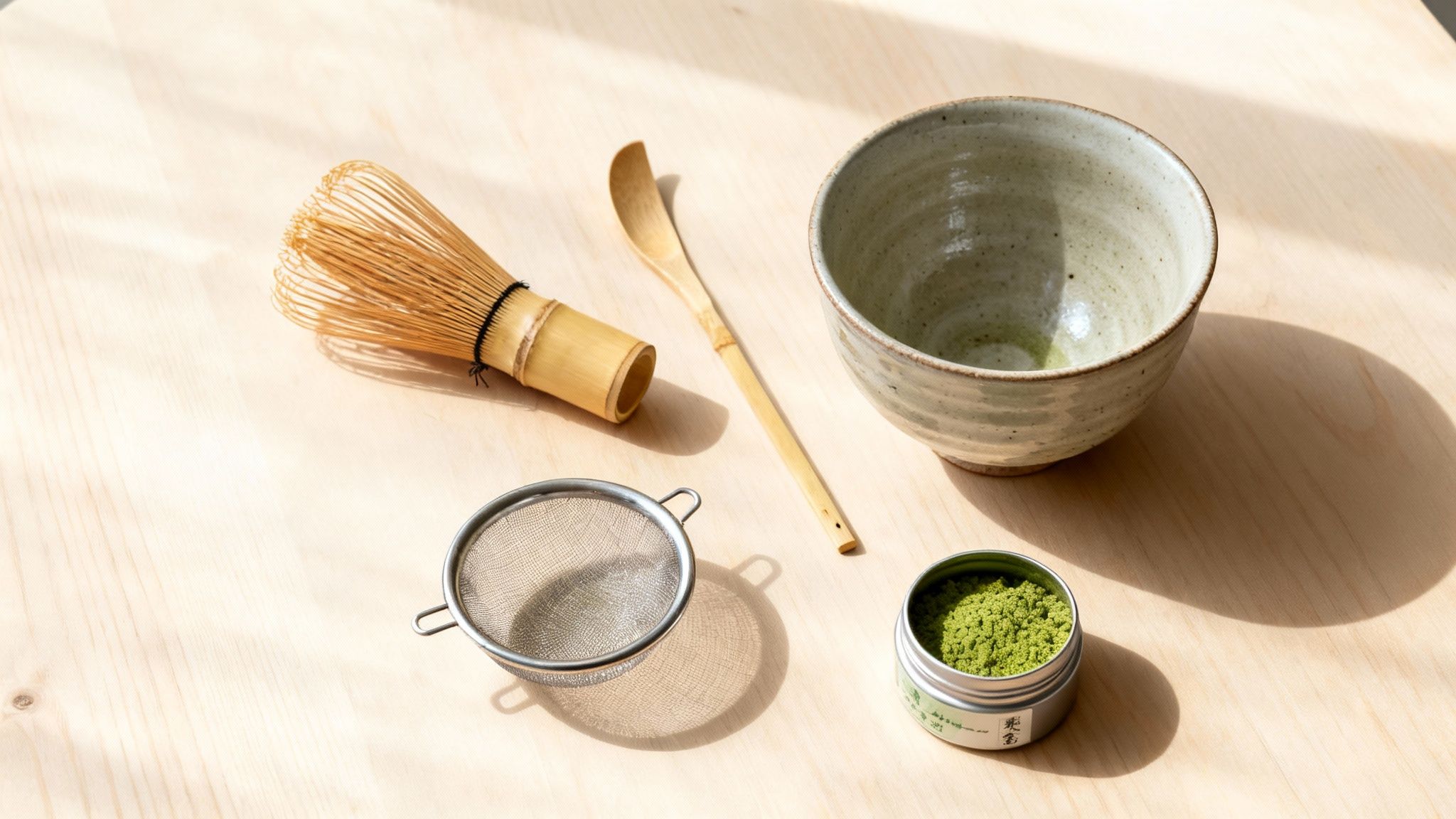 Overhead shot of traditional Japanese matcha tea preparation tools on a light wooden surface.