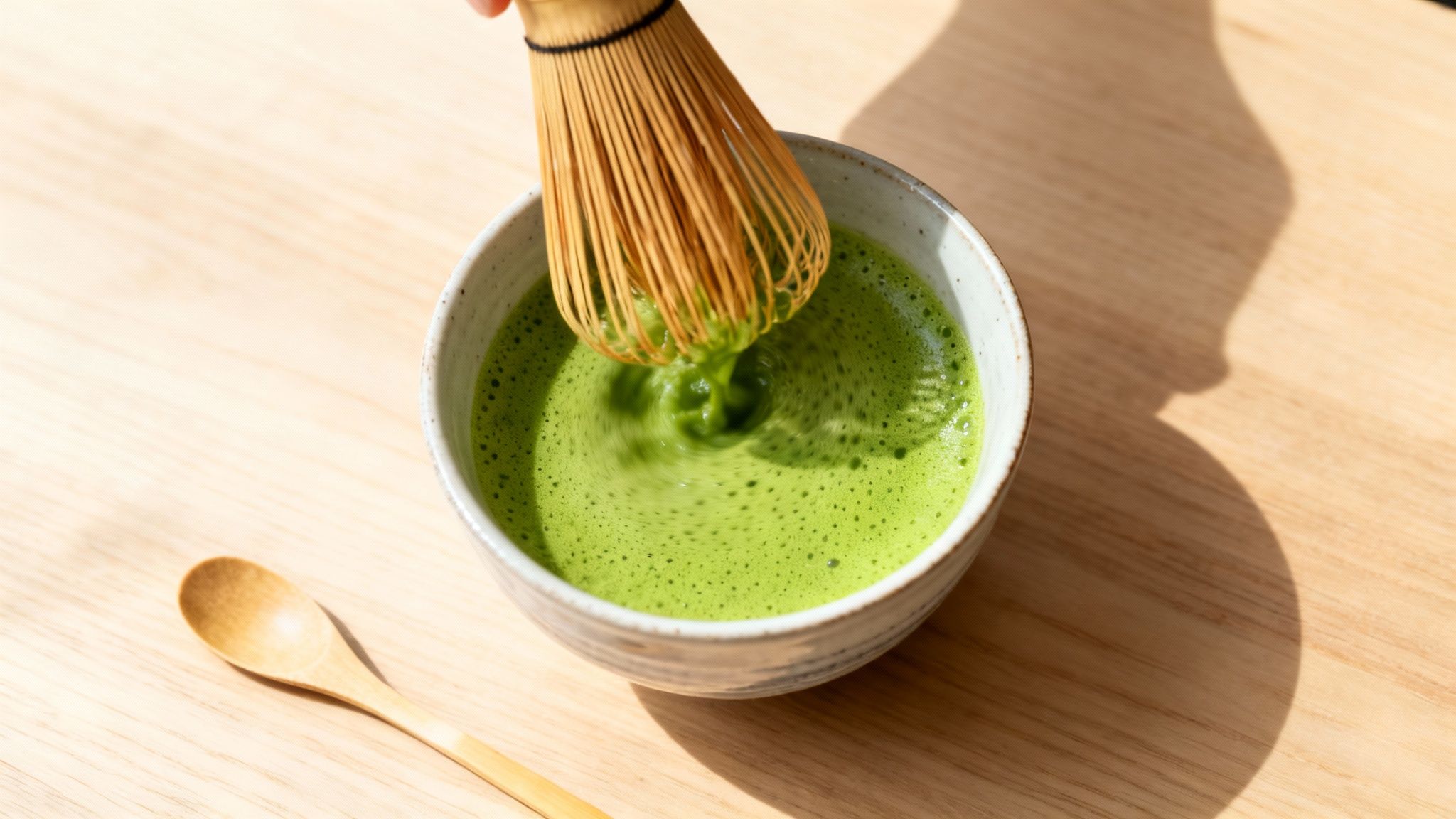 A bamboo whisk prepares vibrant ceremonial grade matcha tea in a ceramic bowl on a wooden surface.