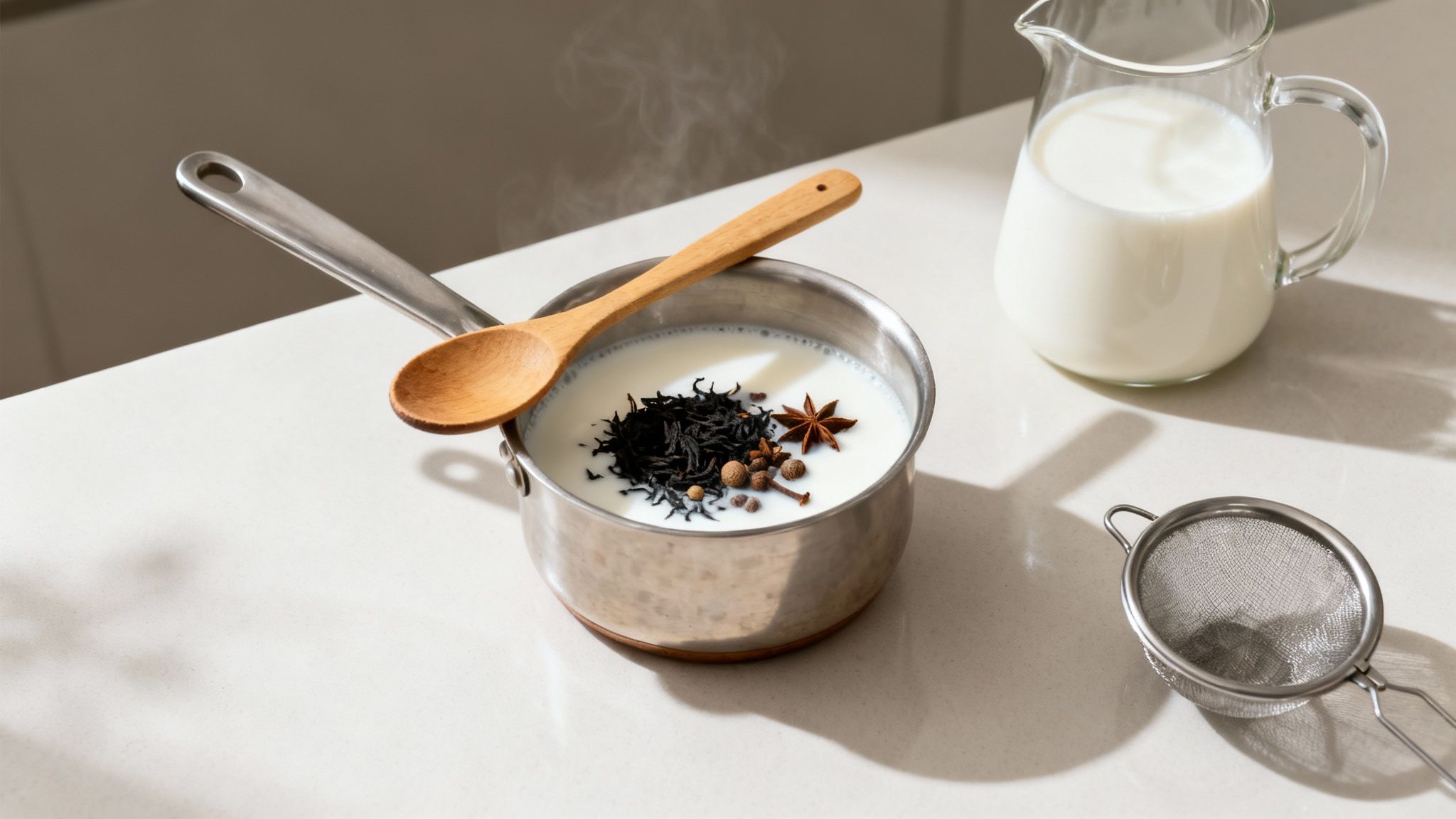 Ingredients for making chai tea with milk, black tea, and spices in a saucepan with steam.