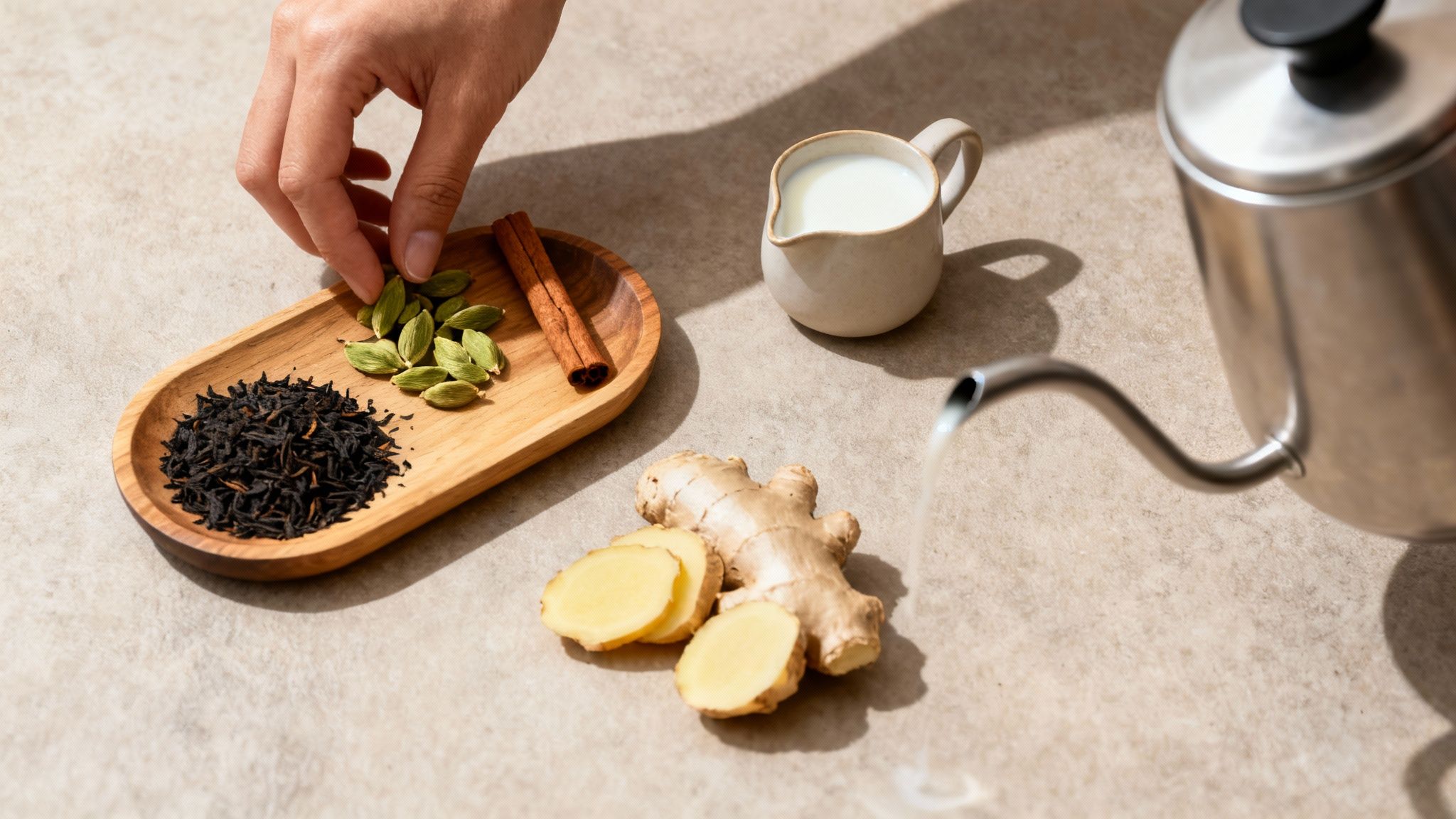 Hand picking cardamom pods from a wooden tray of chai ingredients, with ginger, milk, and hot water pouring.