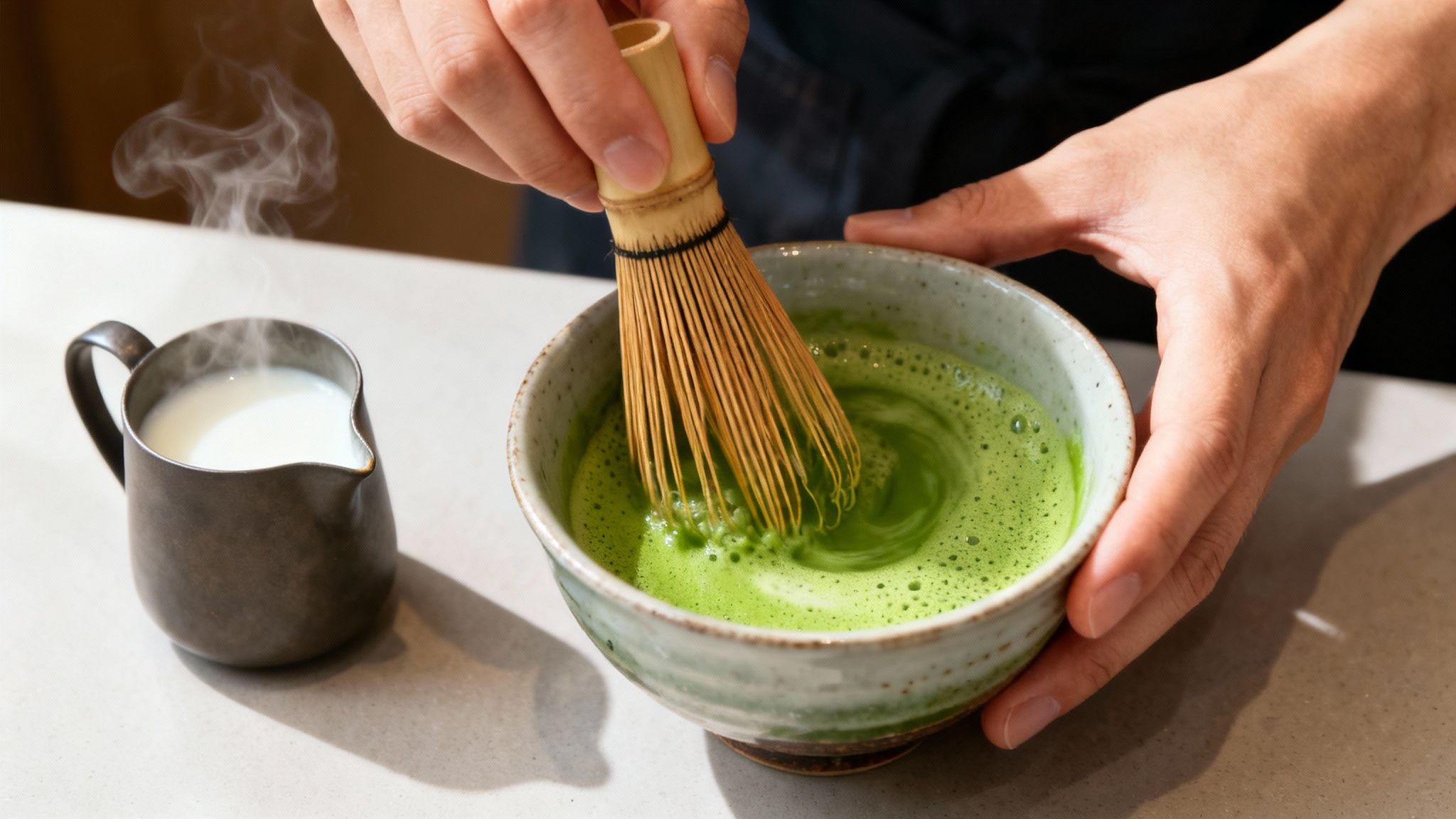 Close-up of hands whisking vibrant green matcha tea in a ceramic bowl, with a pitcher of steaming milk nearby.