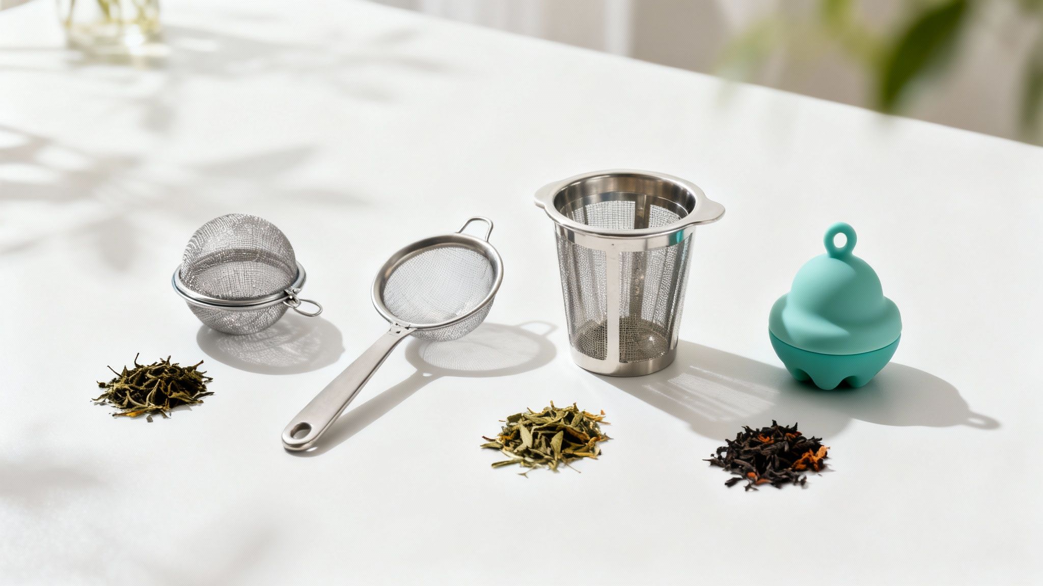 A collection of tea strainers and different loose leaf teas for brewing on a white table.