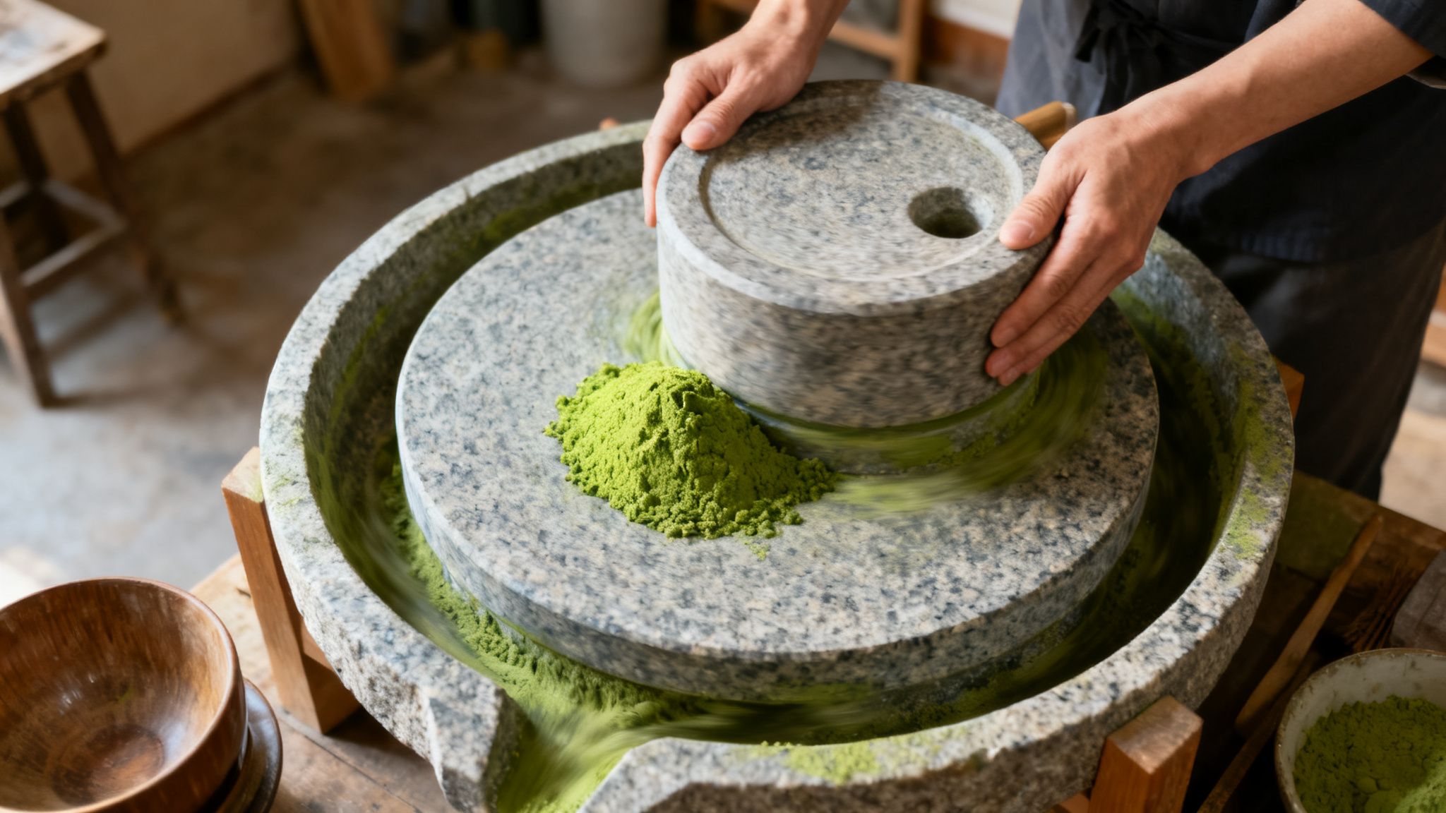 Hands grinding vibrant green matcha powder using a traditional stone mill.
