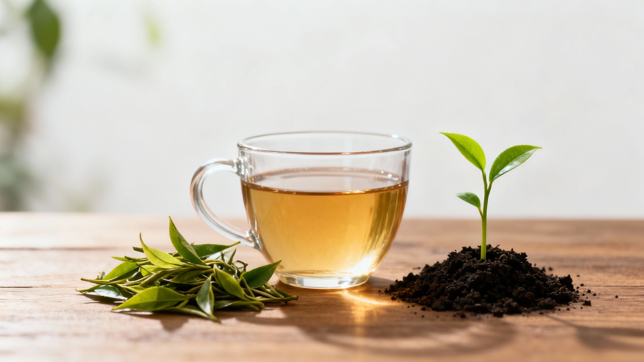 A glass cup of brewed tea next to fresh green tea leaves and a young tea plant.
