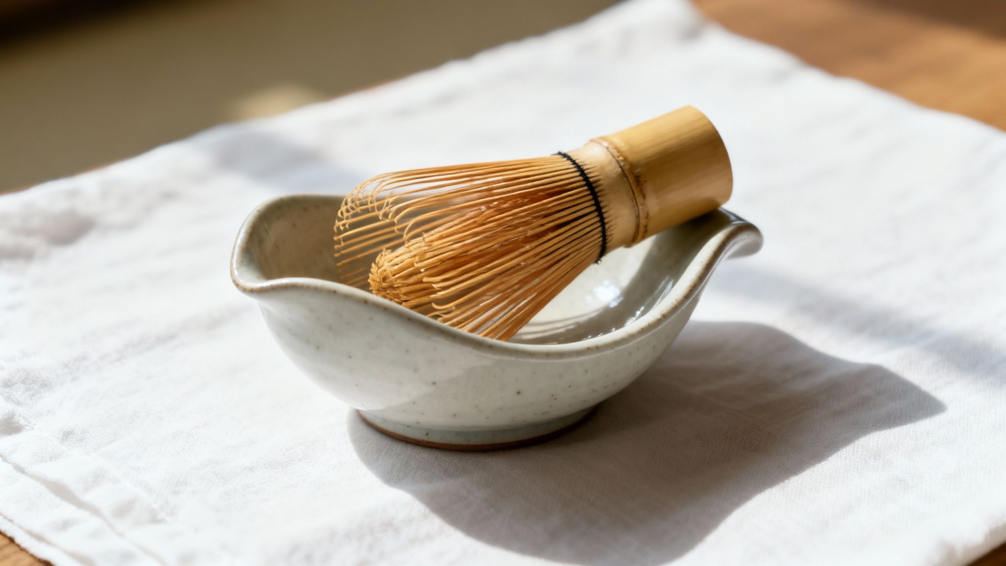 A bamboo matcha whisk rests in a ceramic whisk holder on a white linen cloth.