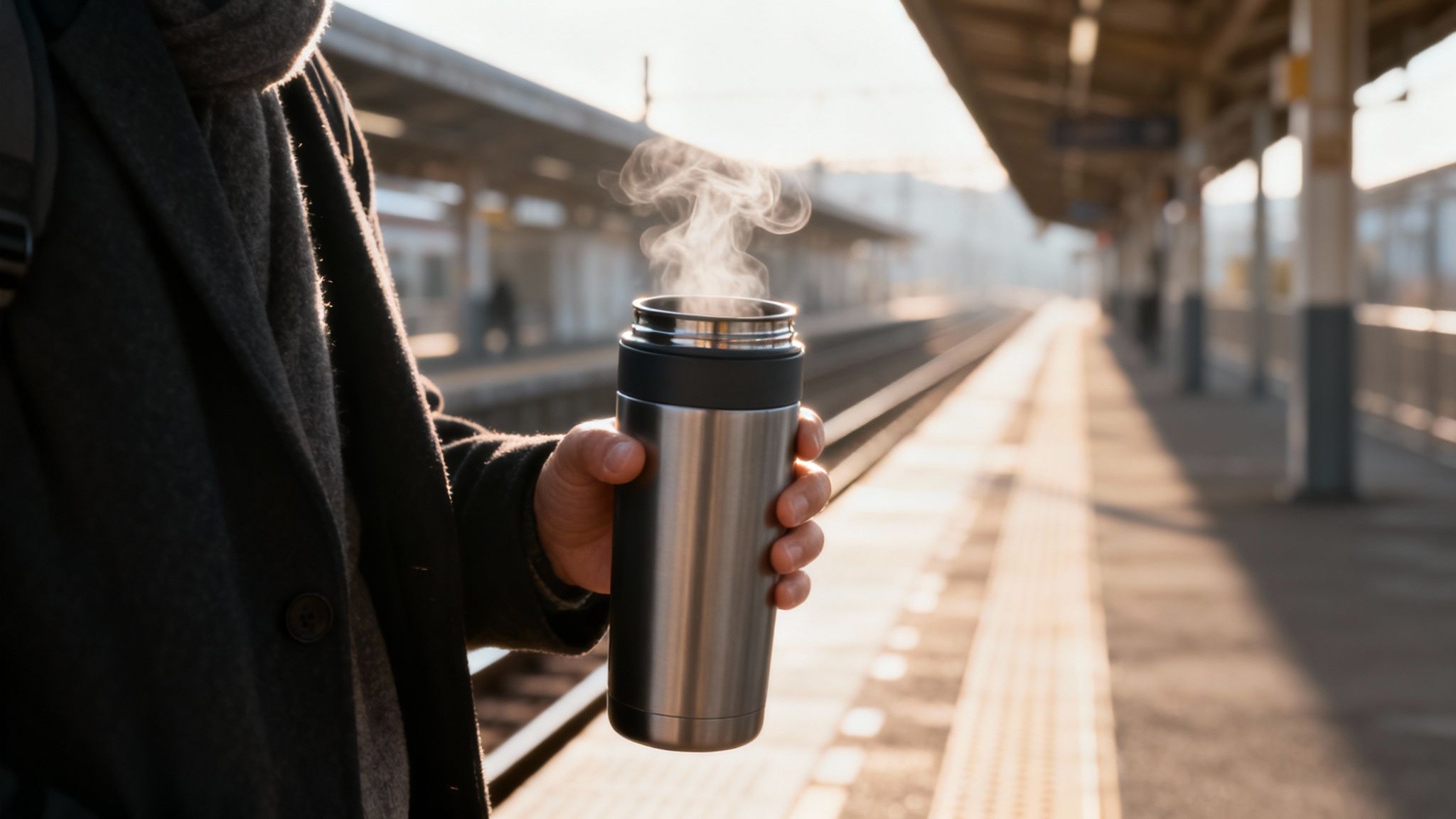 A person holding a sleek, modern tea travel mug in an urban setting.