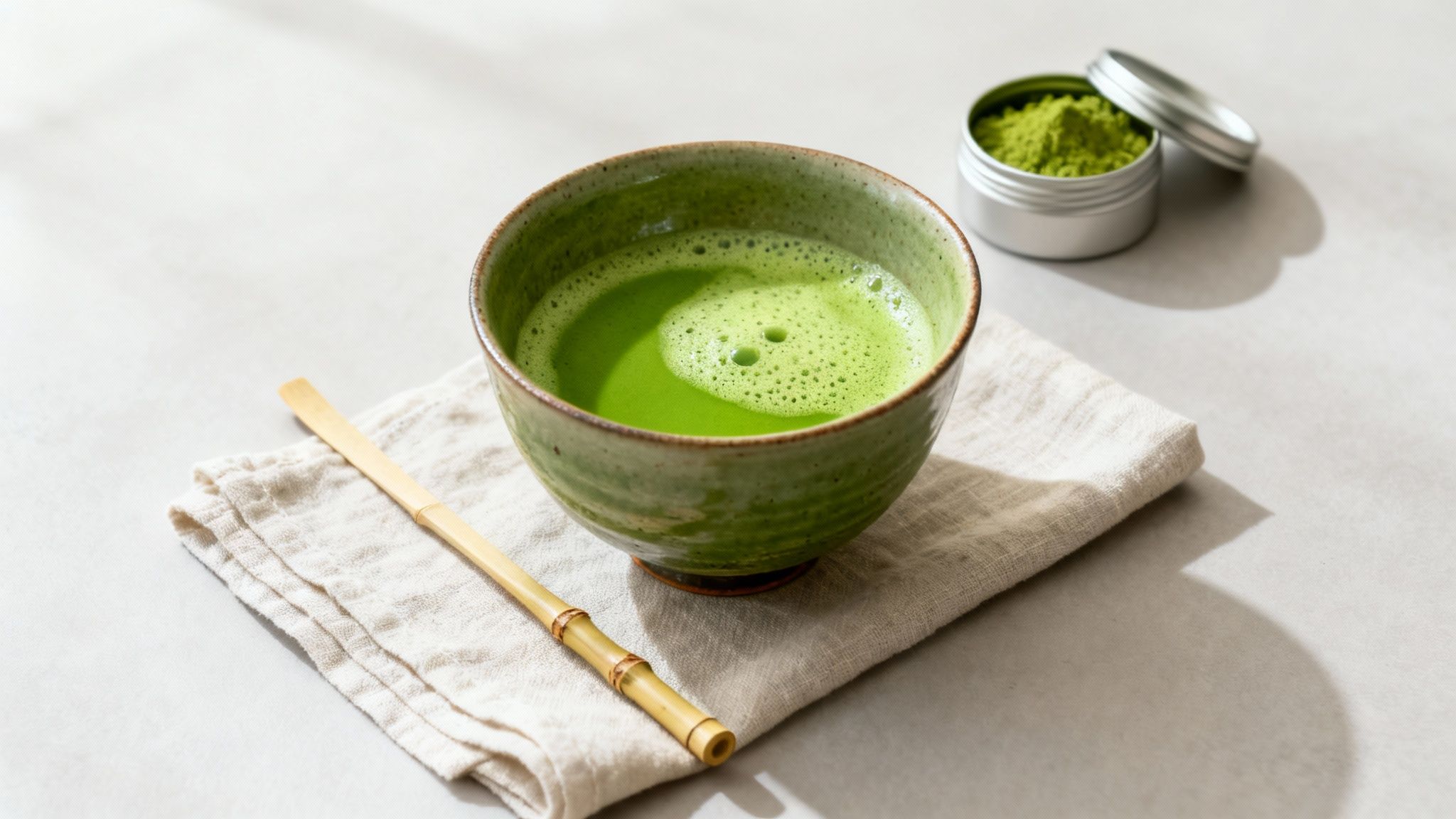Vibrant green matcha tea in a rustic ceramic bowl with a bamboo scoop and powder.