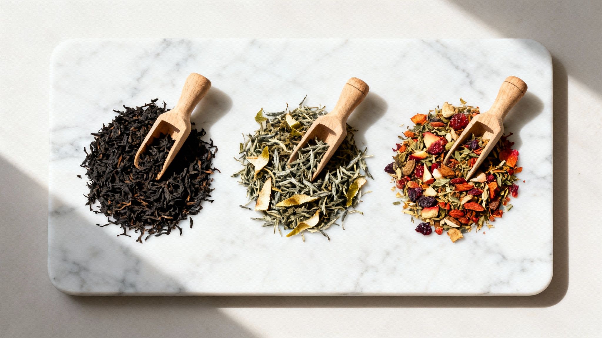 A colourful arrangement of loose leaf tea blends, featuring classic black teas alongside blends with flower petals and fruit pieces.