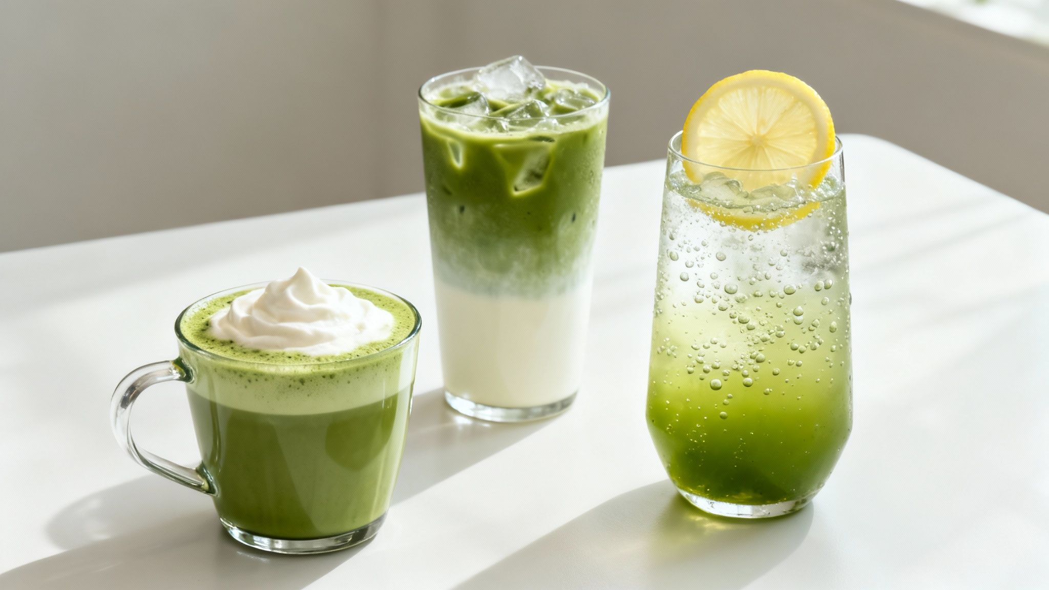 Three refreshing green drinks: a hot matcha latte with cream, an iced matcha latte, and a sparkling lemon drink.