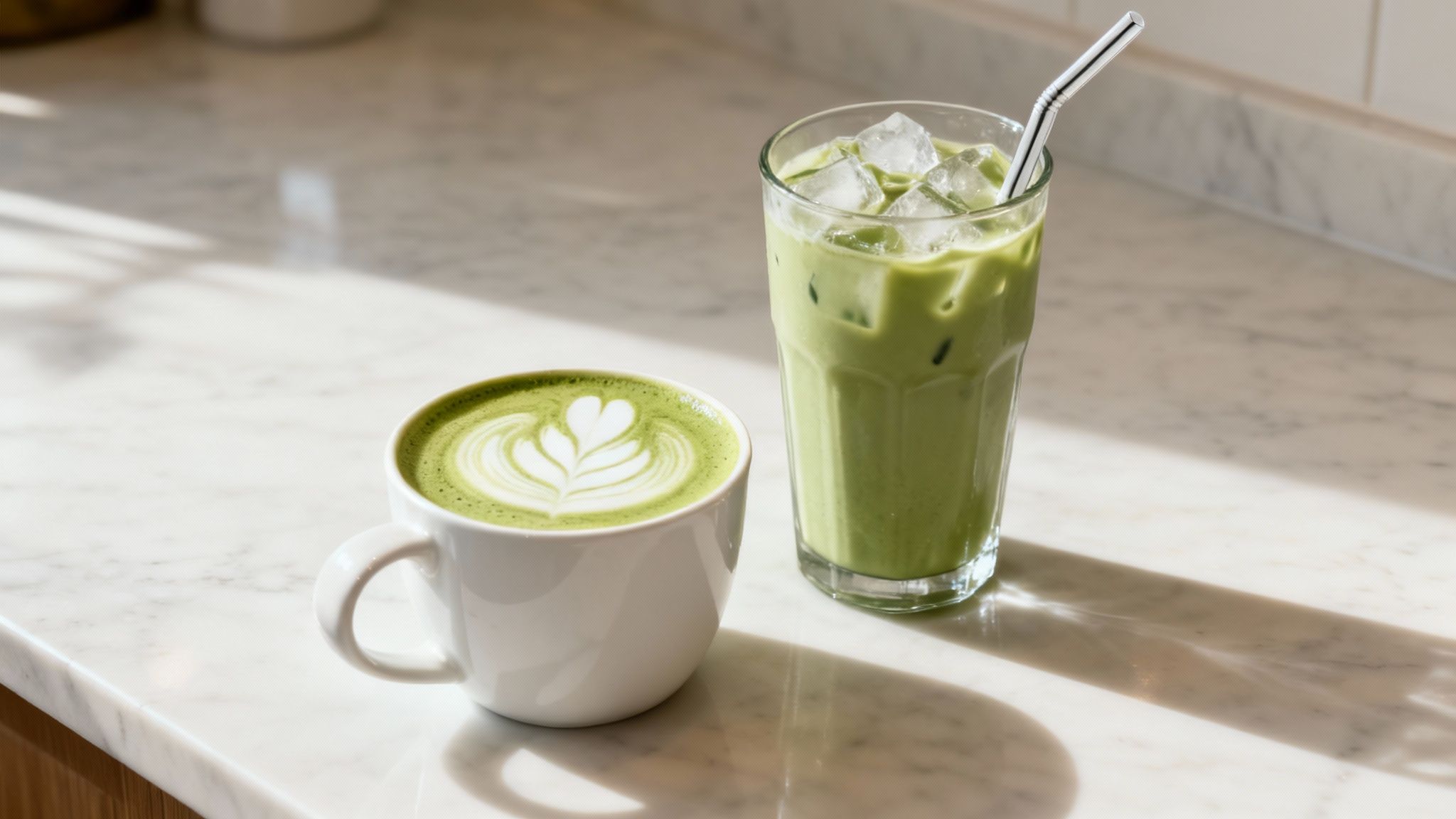 A perfectly frothed matcha latte in a clear glass, showing the distinct green and white layers.