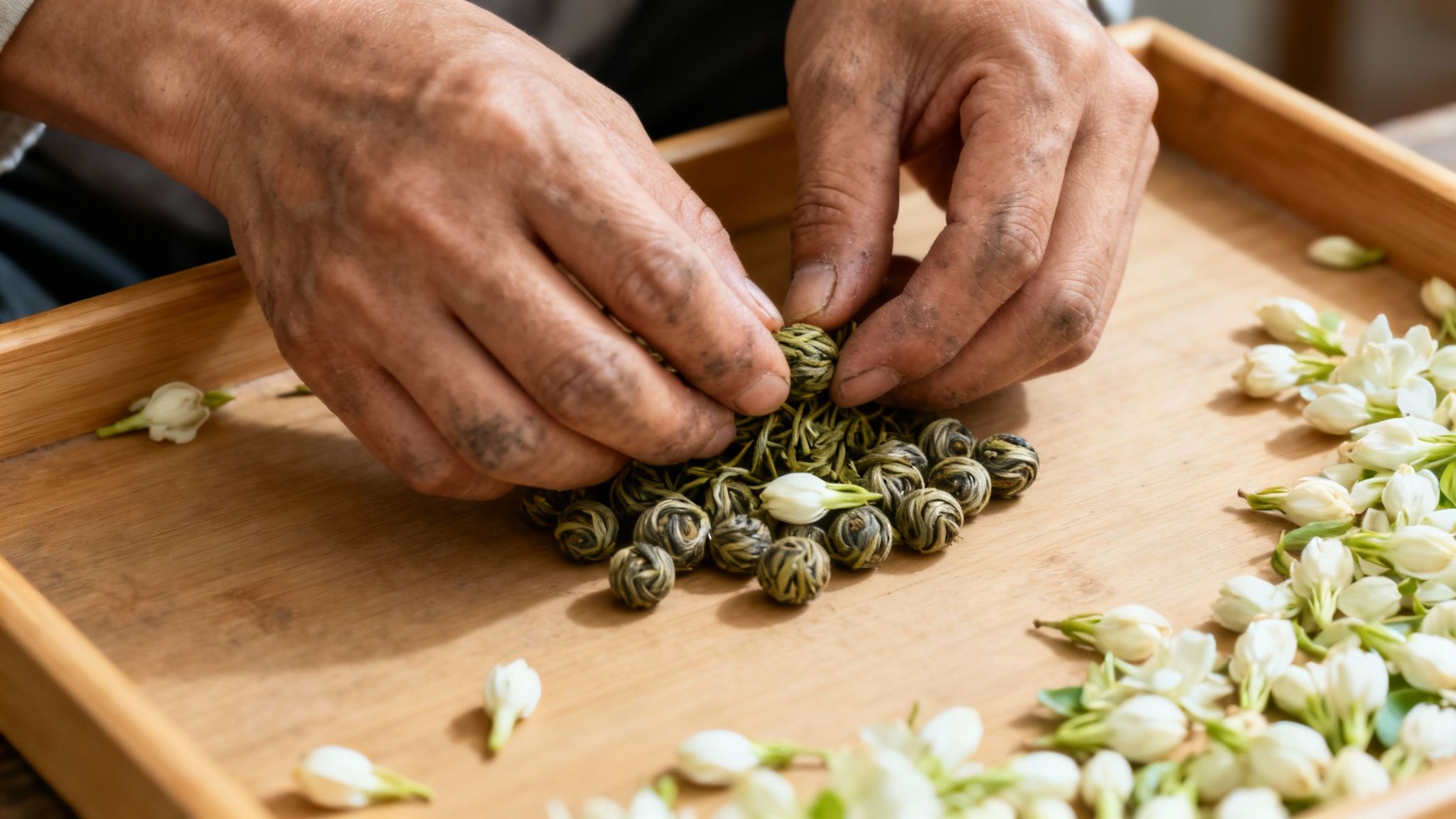 Jasmine blossoms being prepared for scenting tea leaves
