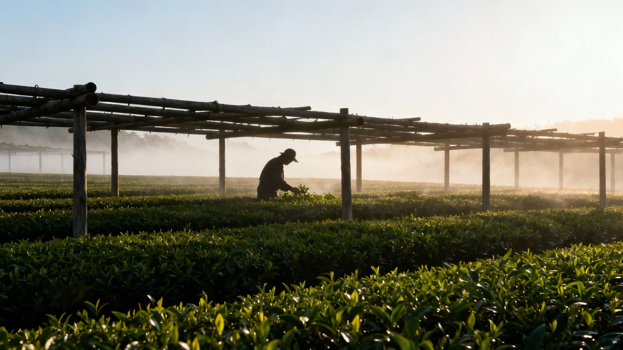 Silhouette of a person harvesting tea leaves in a misty, sunlit tea field with wooden trellises.