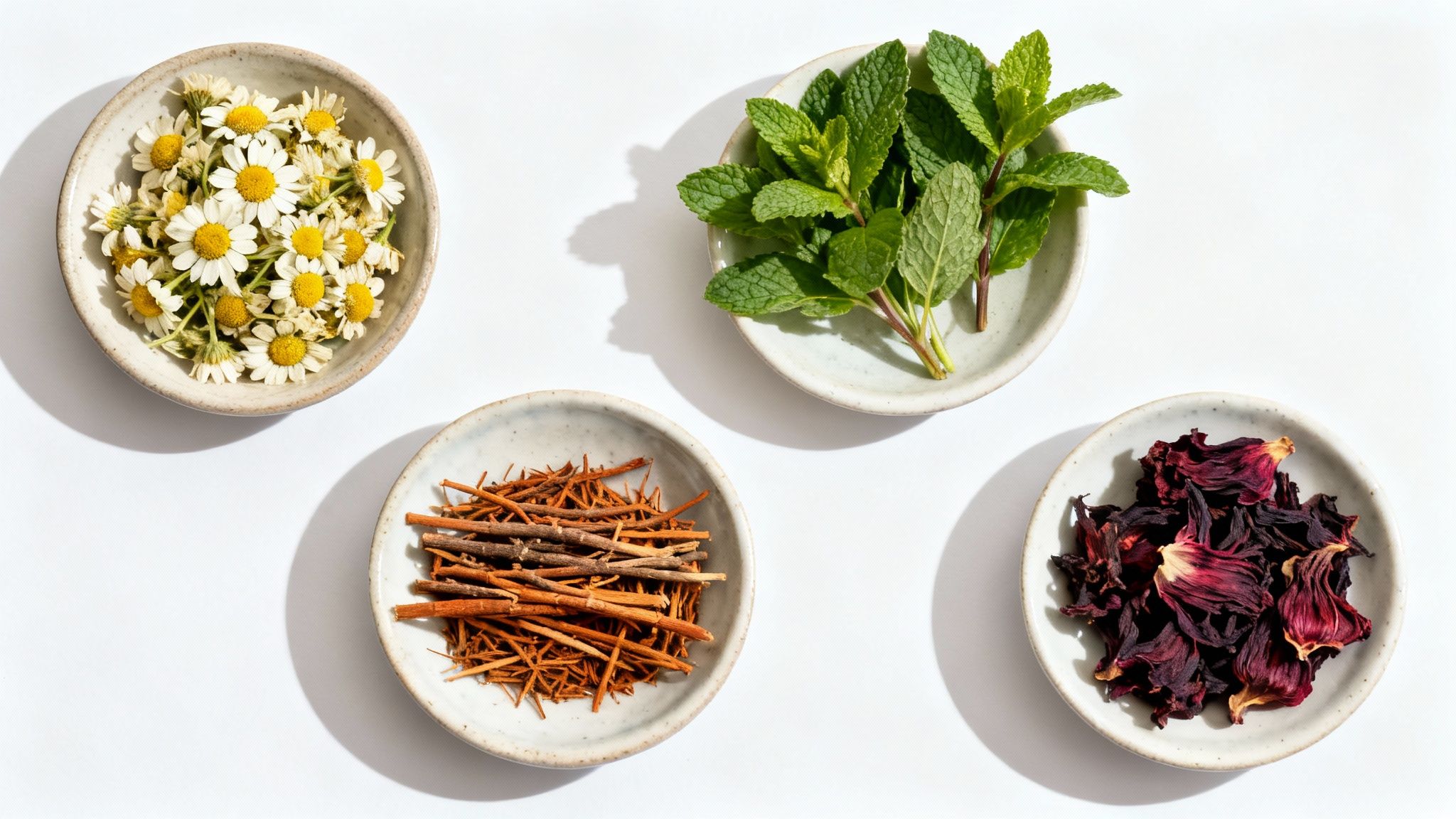 Four bowls filled with various herbal tea ingredients including chamomile, mint, hibiscus, and wooden sticks.