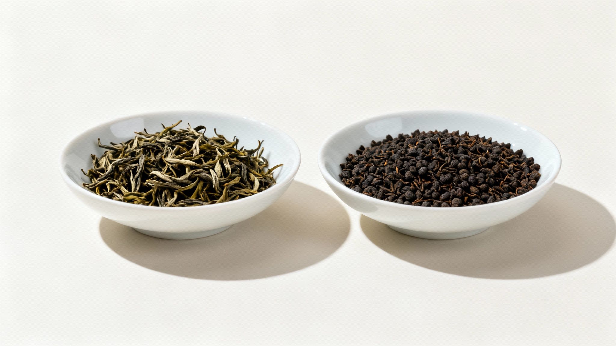 Two white bowls, one with green tea leaves and one with dark pellet tea, on a white background.