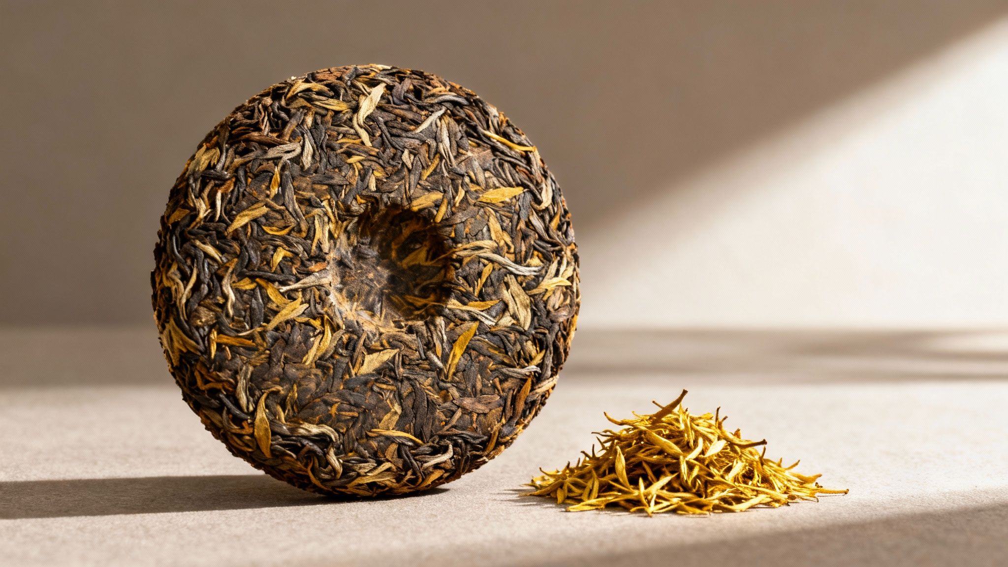 A close-up of dark, aged Pu-erh tea leaves next to delicate, golden-hued Yellow tea leaves.